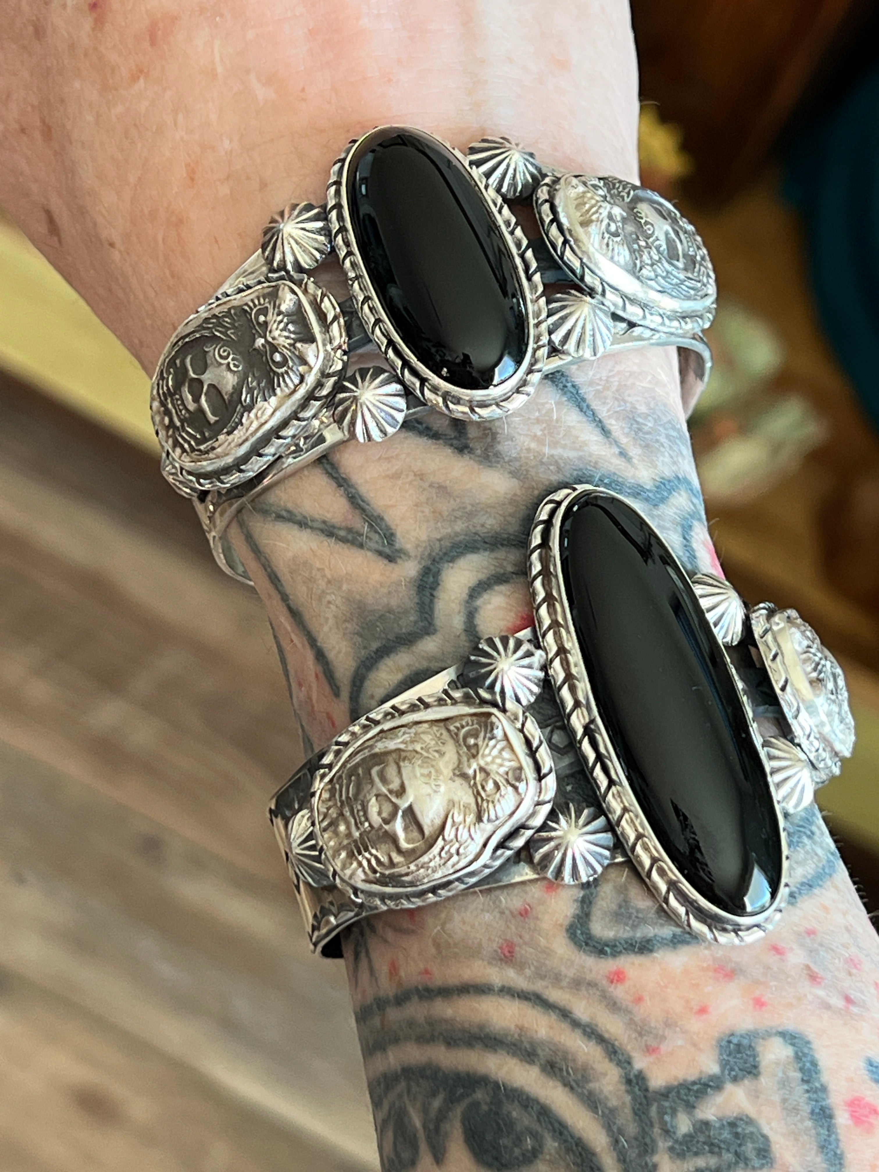 Sterling Silver Handcrafted Cuff Bracelet with Onyx, Owl and Skull Detail, Taller Stone