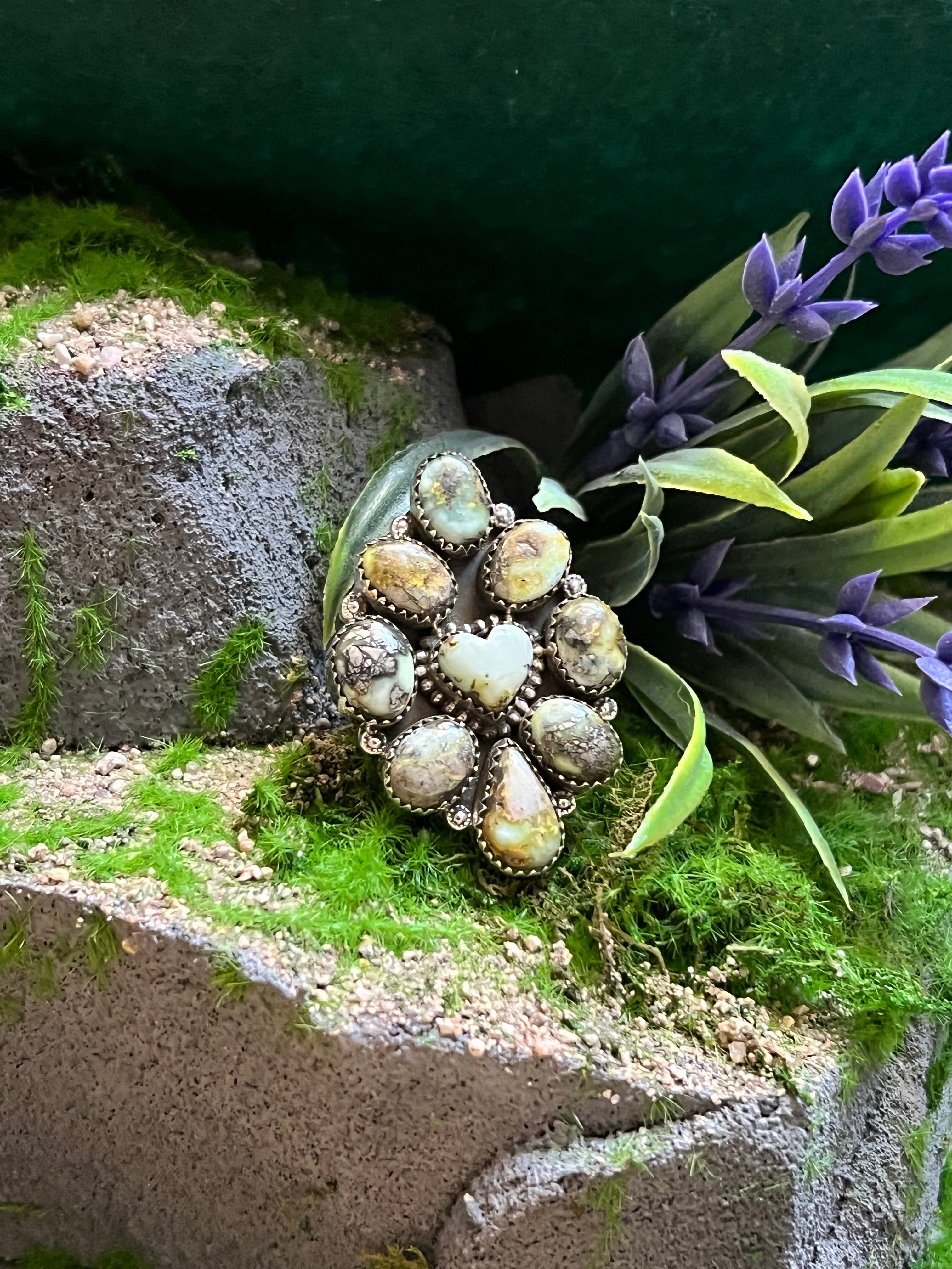 Handmade Palomino Turquoise Cluster Heart Sterling Silver Adjustable Ring