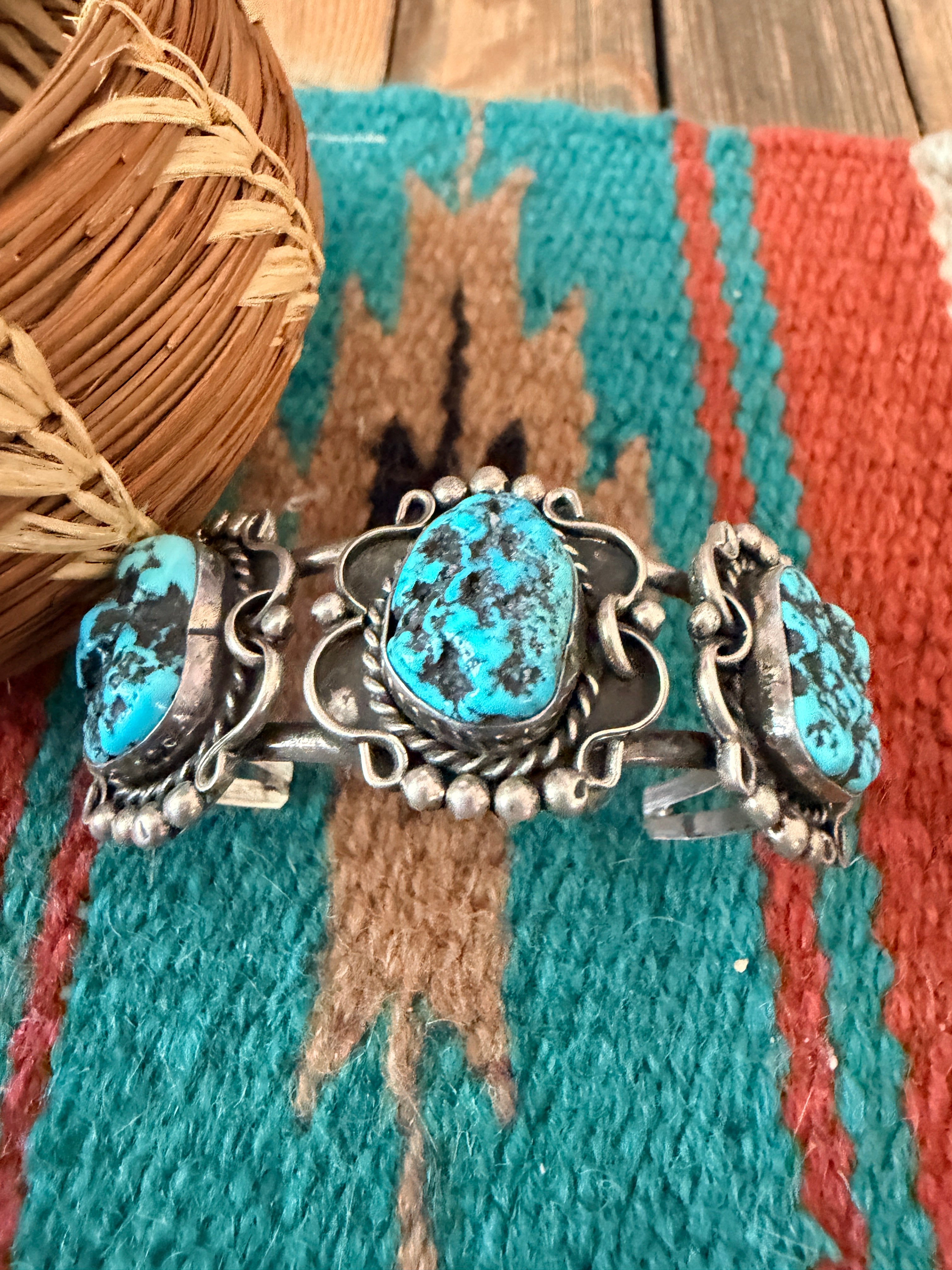 Handcrafted Old Pawn Sterling Silver & Blue Diamond Turquoise Cuff Bracelet