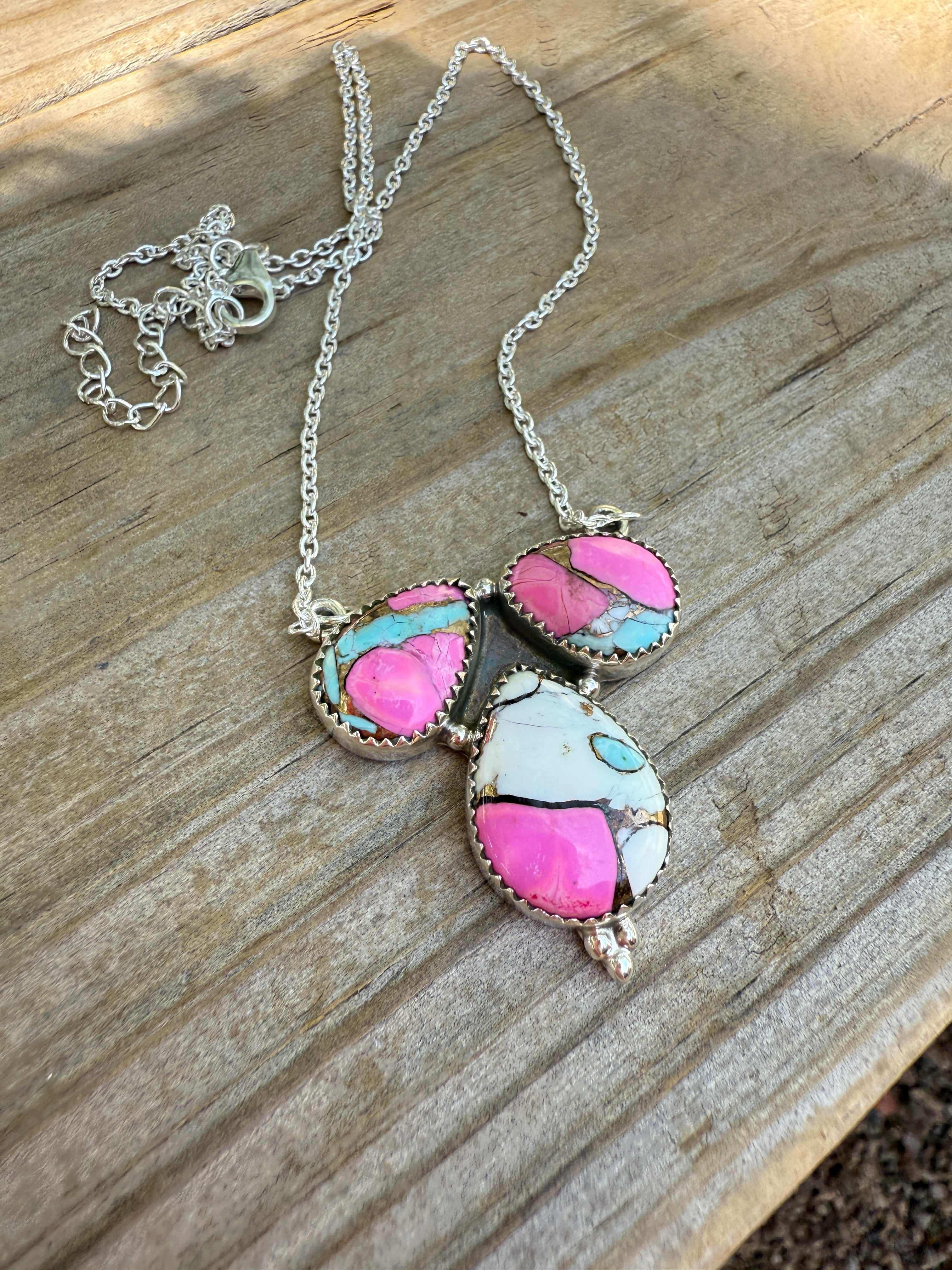 Handmade Cotton Candy Sterling Silver 3 Stone Necklace