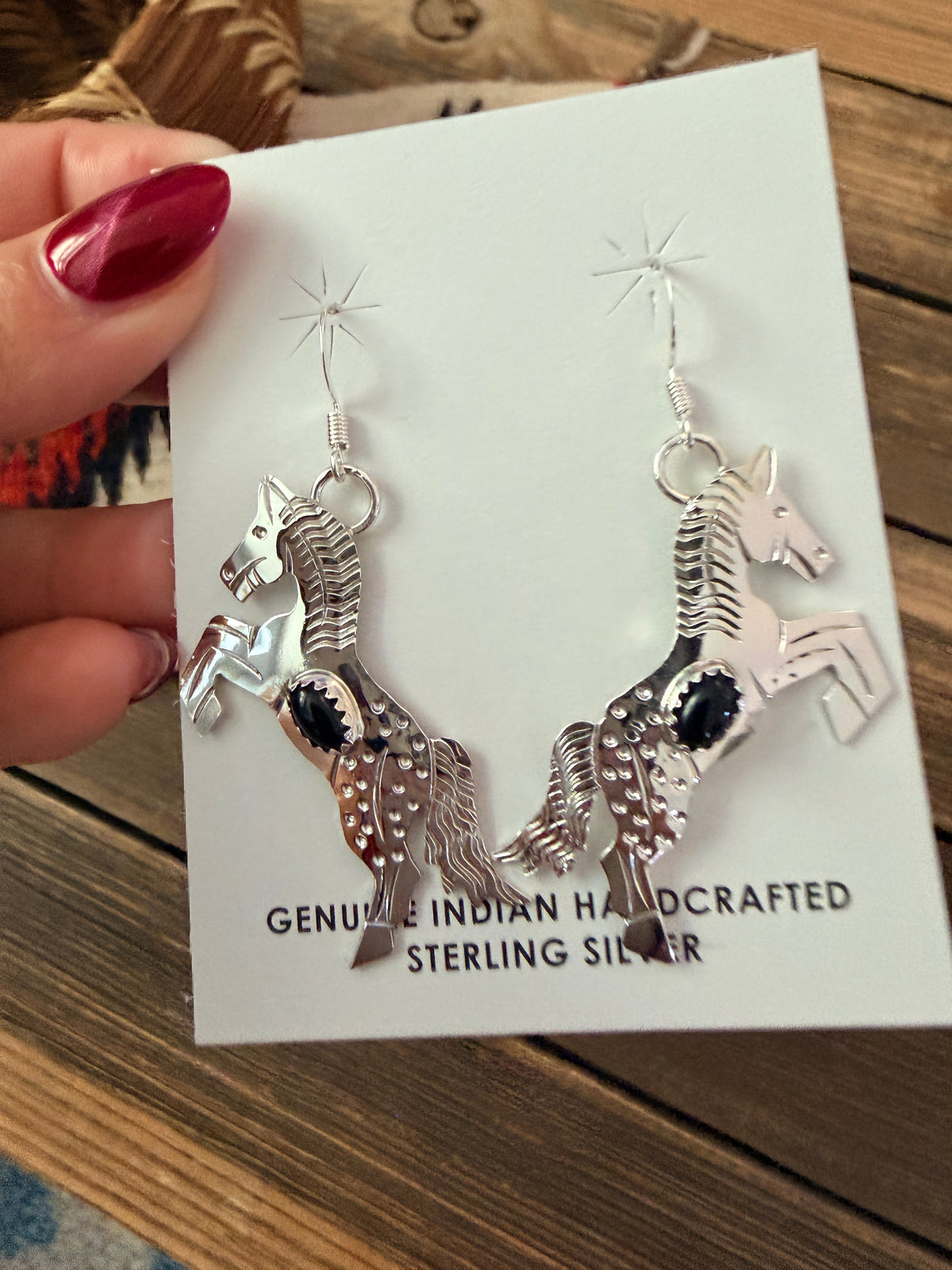 Handcrafted Sterling Silver & Onyx Horse Dangle Earrings by Louise Yazzie
