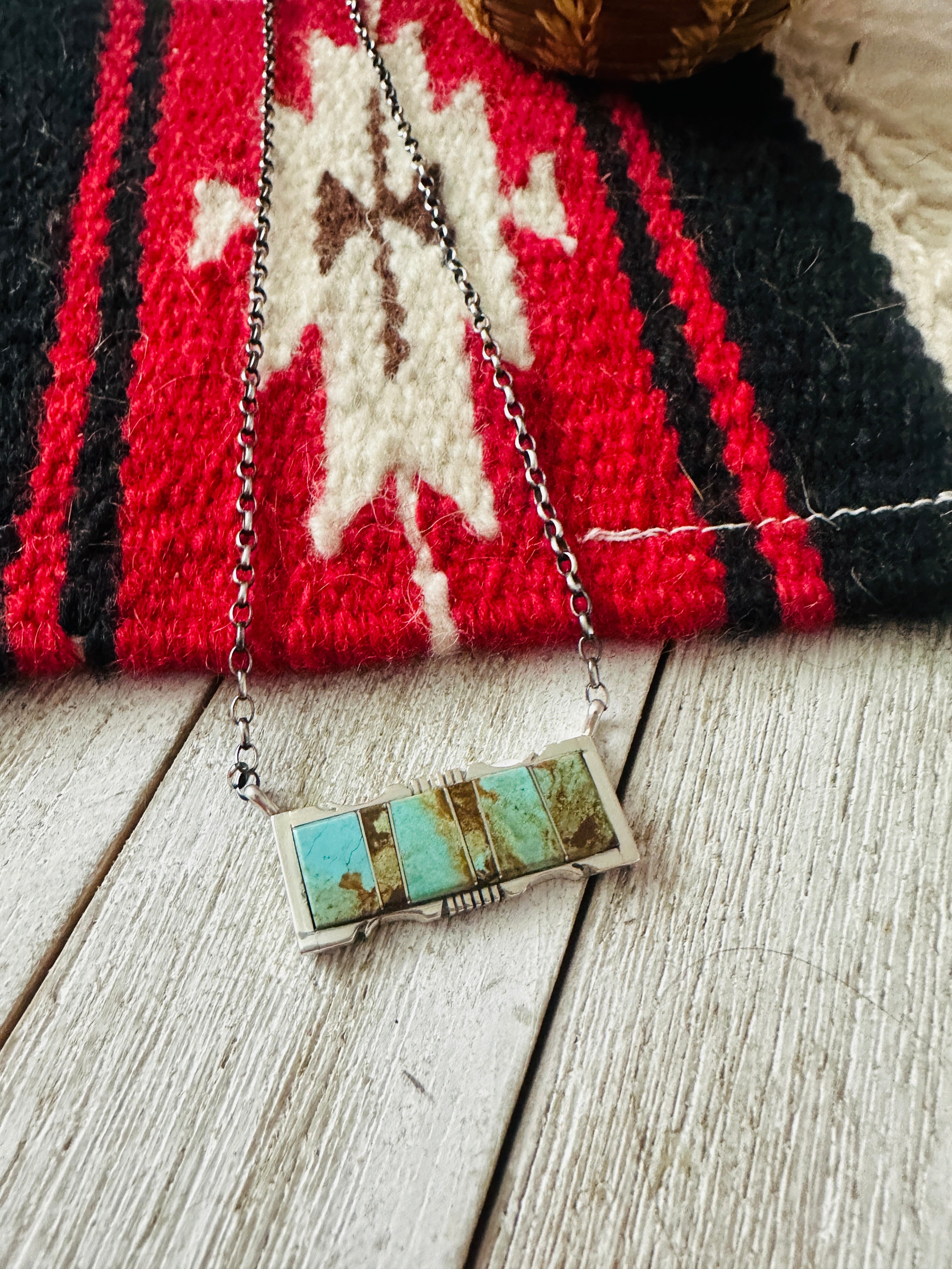 Navajo Turquoise & Sterling Silver Inlay Bar Necklace