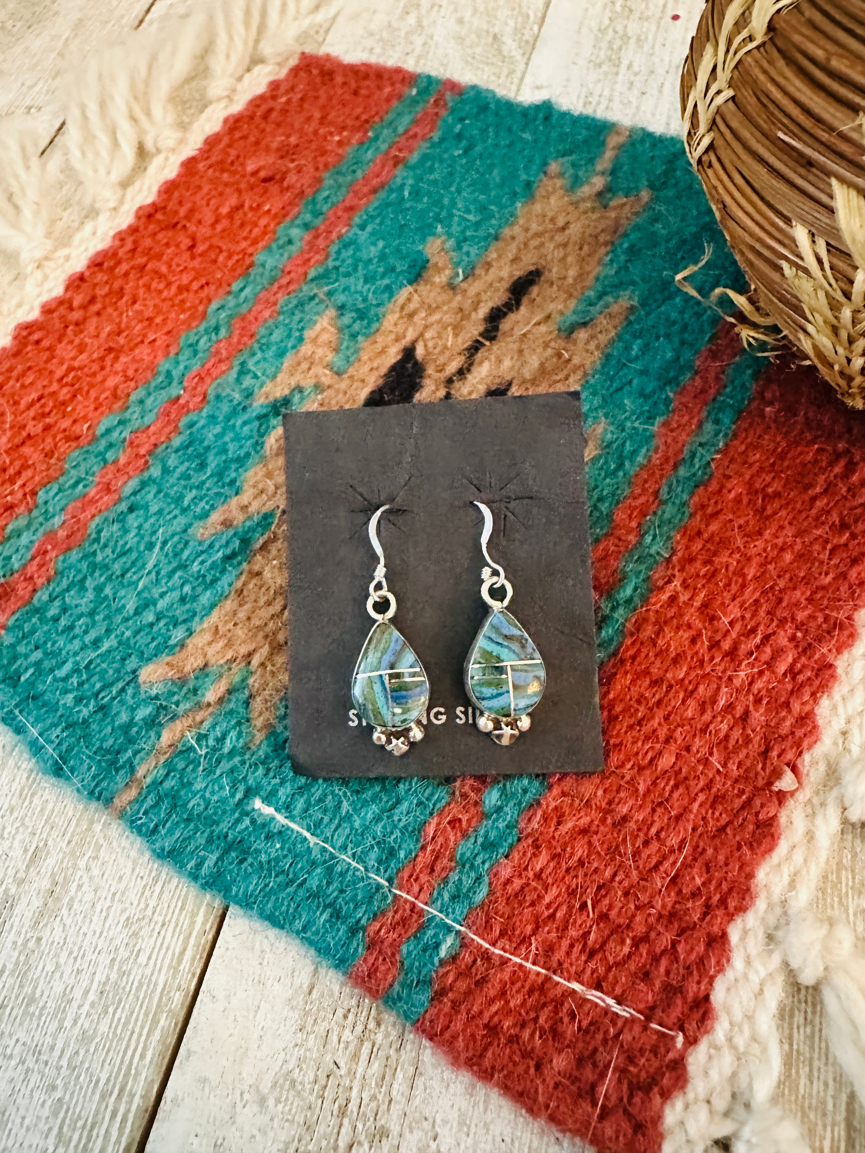Navajo Rainbow Calsilica & Sterling Silver Inlay Dangle Earrings