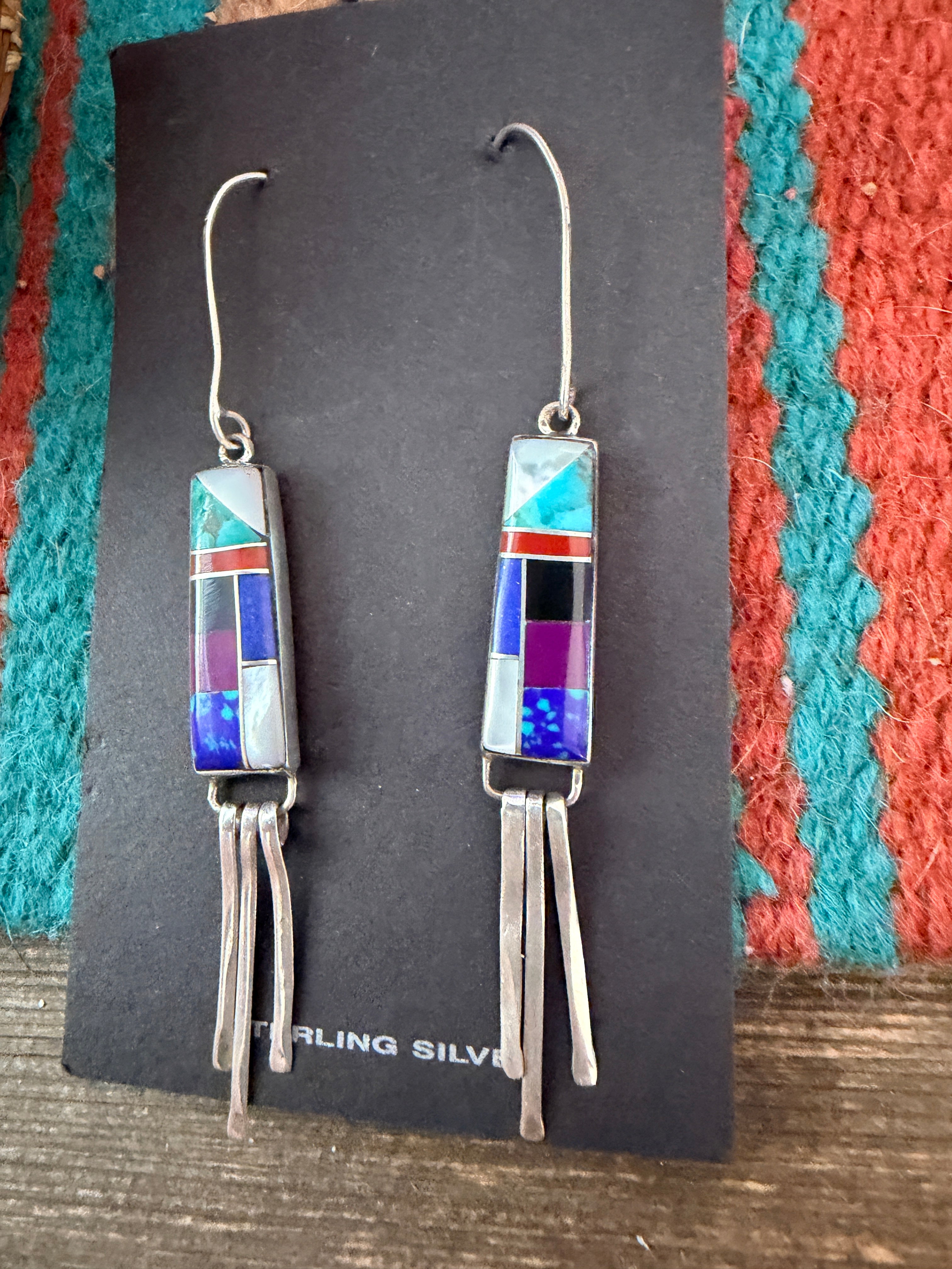 Old Pawn Handcrafted Sterling Silver & Multi Stone Inlay Dangle Earrings
