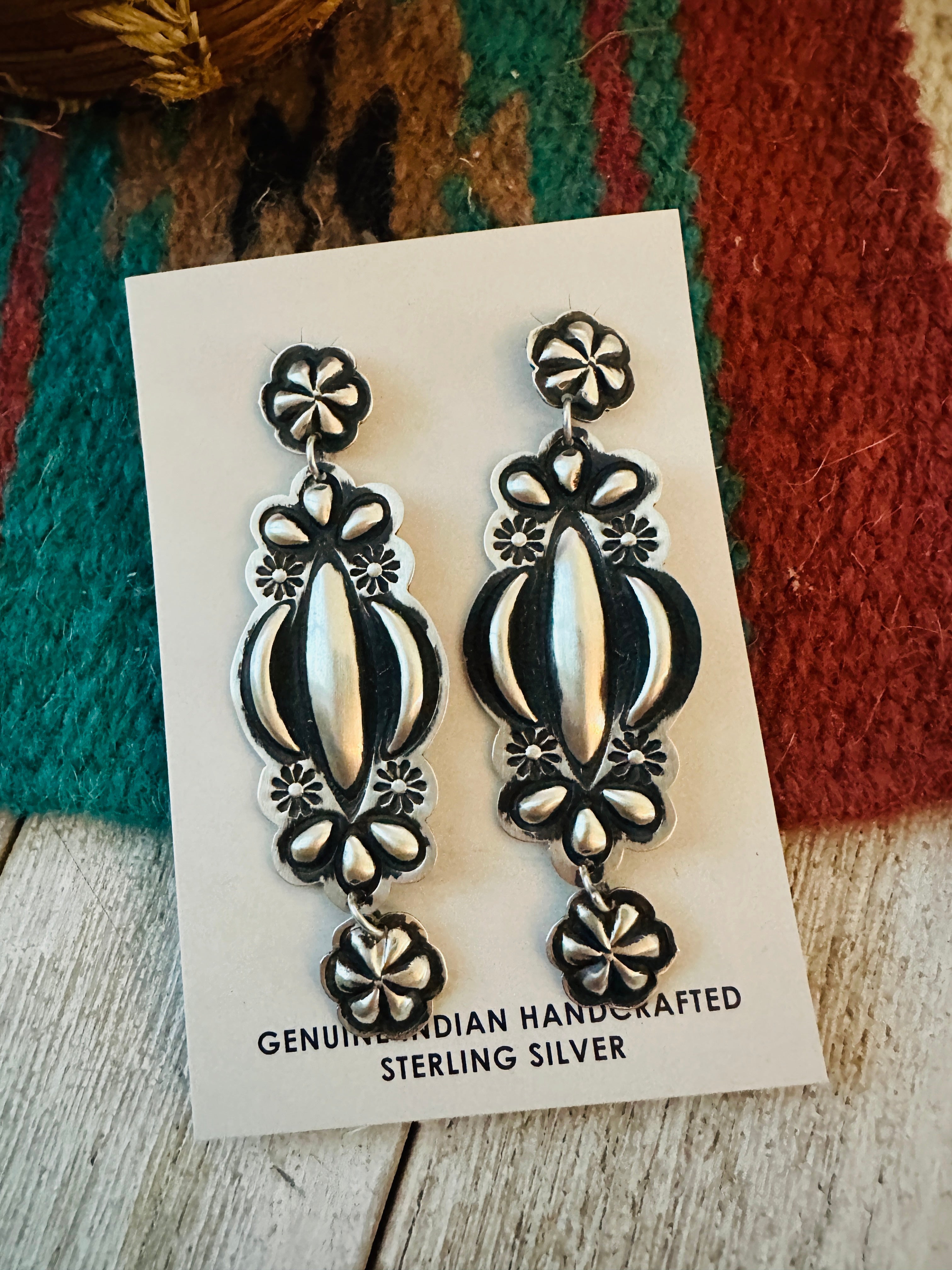 Navajo Hand Stamped Sterling Silver Concho Dangle Earrings by Leander Tahe