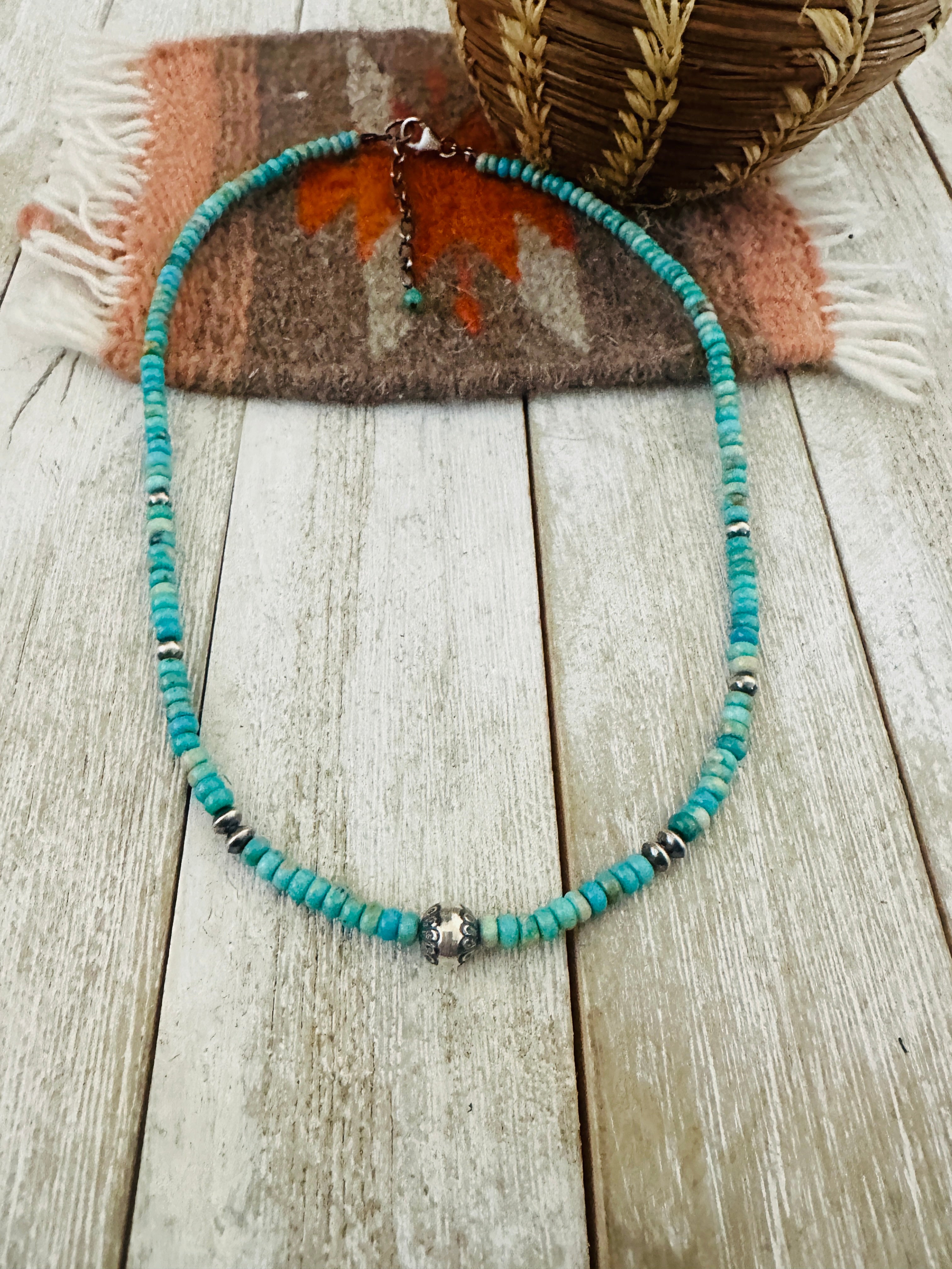 Handcrafted Turquoise & Sterling Silver 16” Beaded Necklace