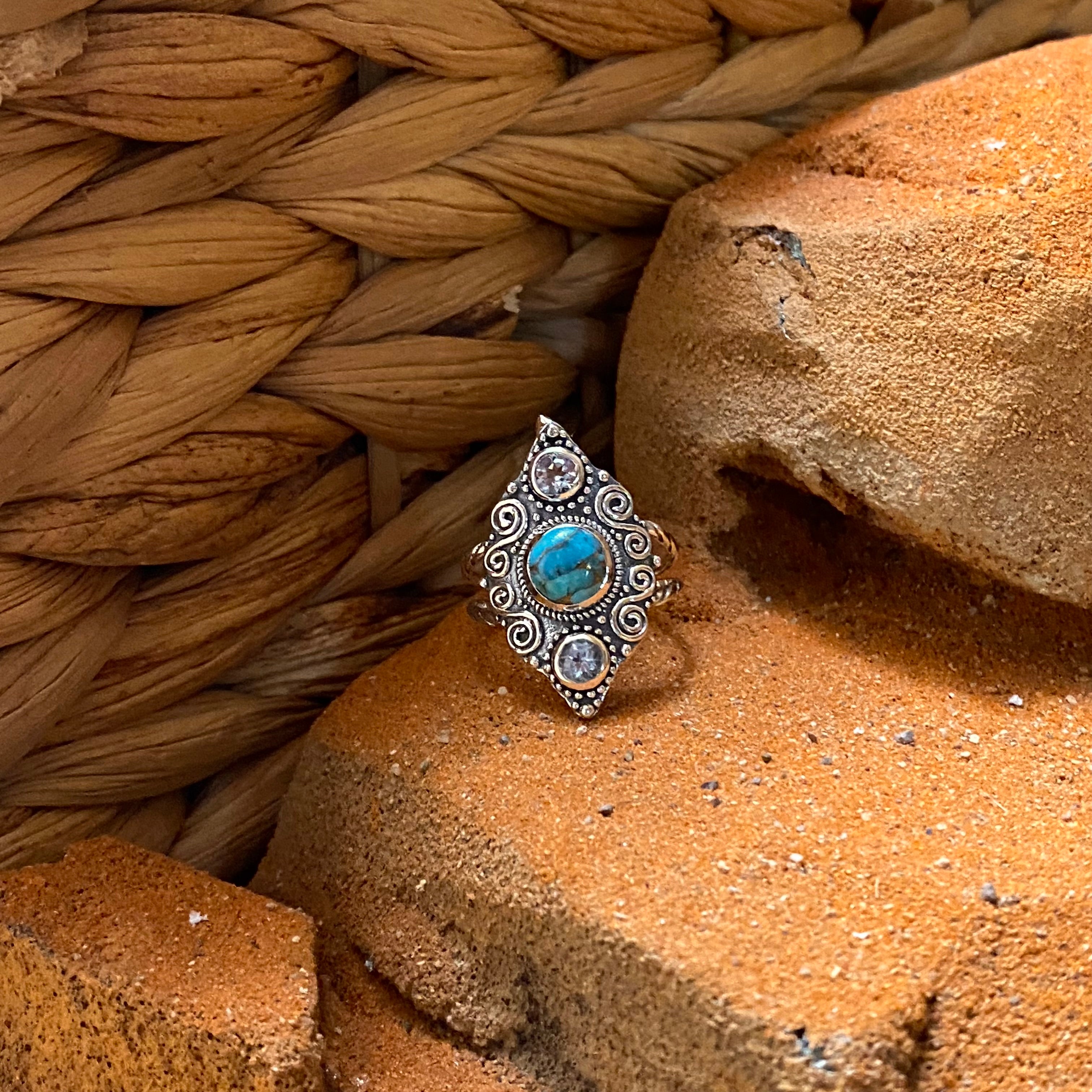 Sterling Silver Etched Copper Turquoise & Blue Topaz Ring Size 8.75