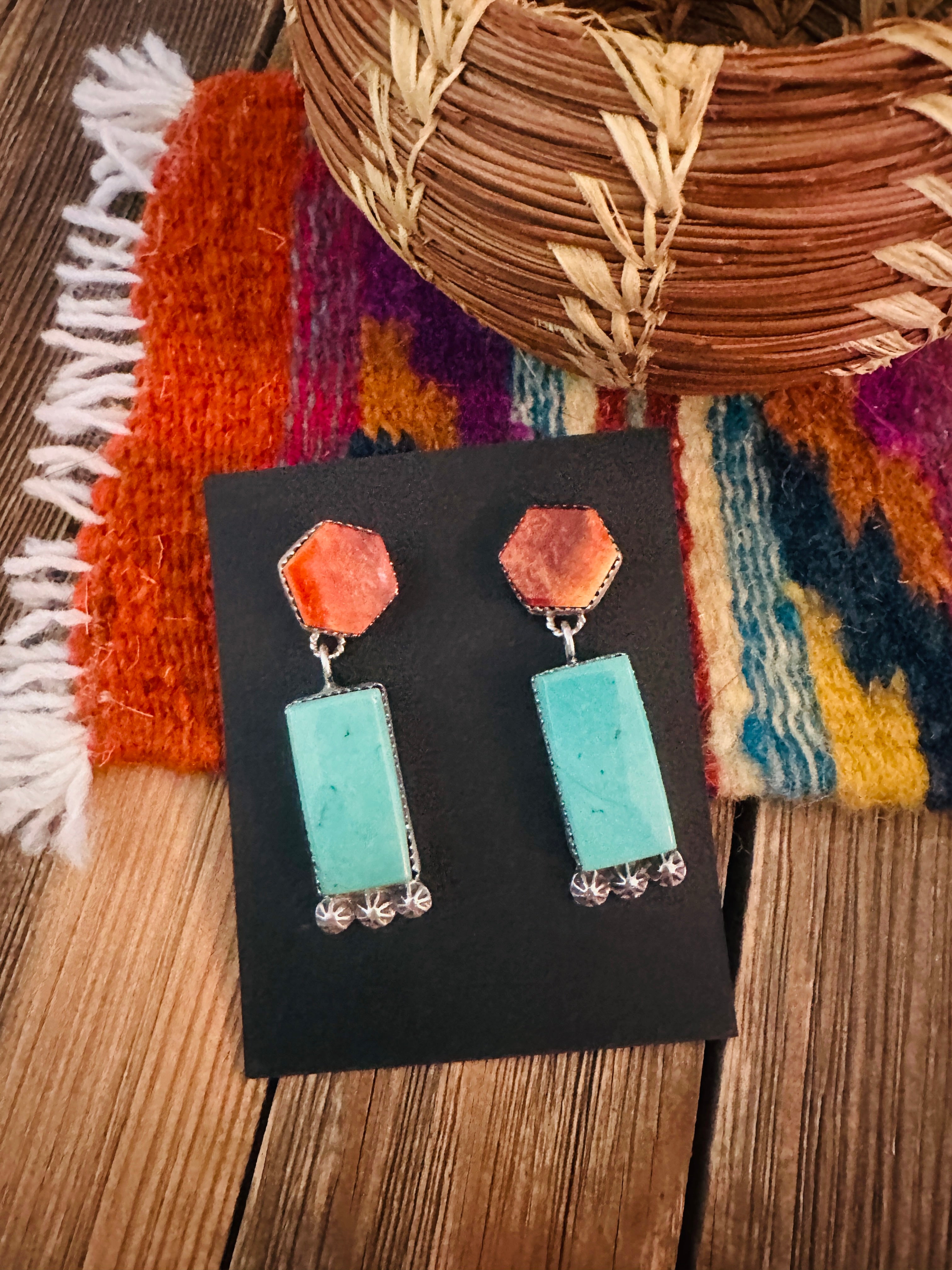 Handcrafted Turquoise, Spiny Oyster & Sterling Silver Dangle Earrings