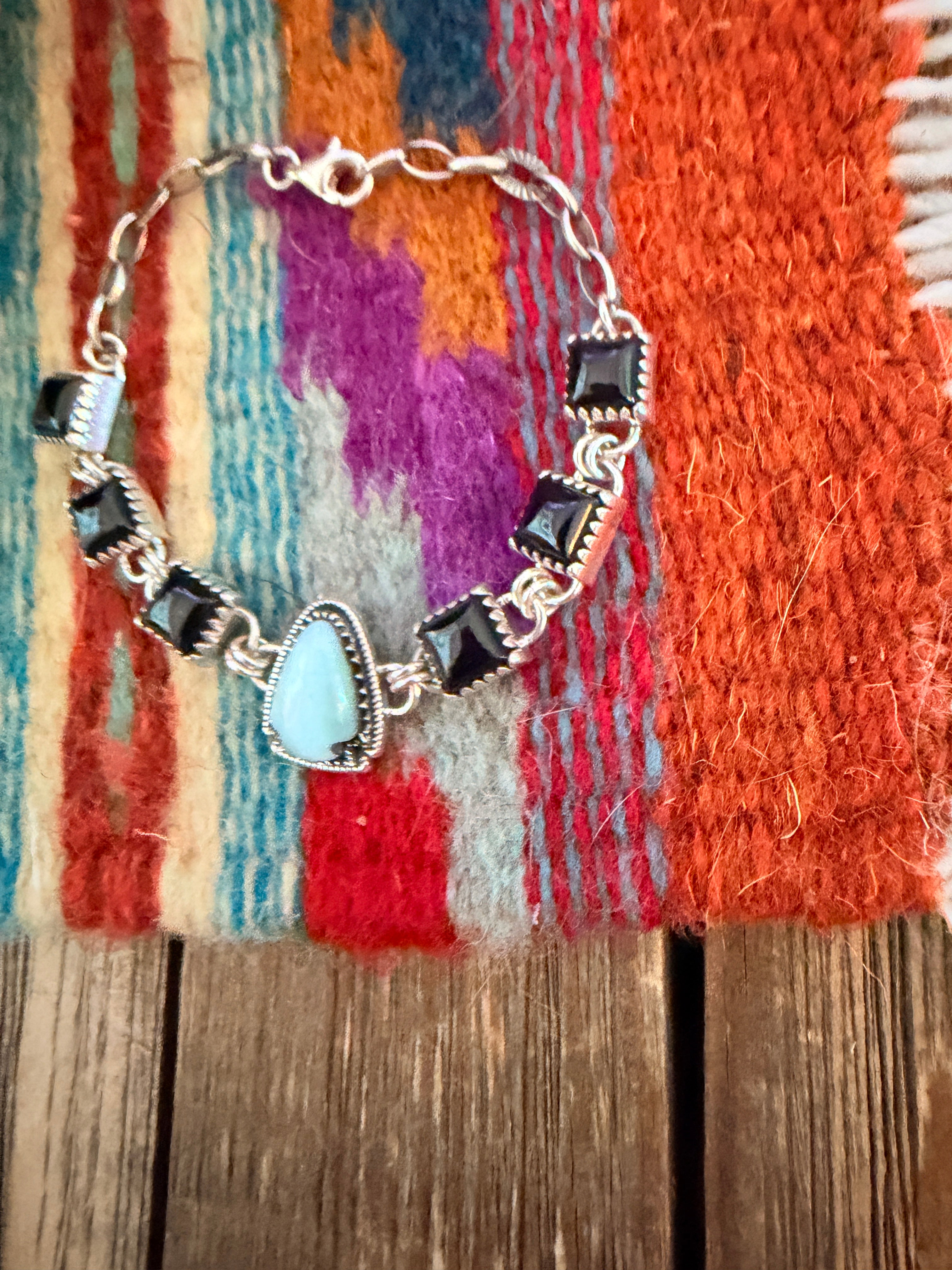 Handmade Sterling Silver, Onyx and Larimar Arrowhead Link Bracelet