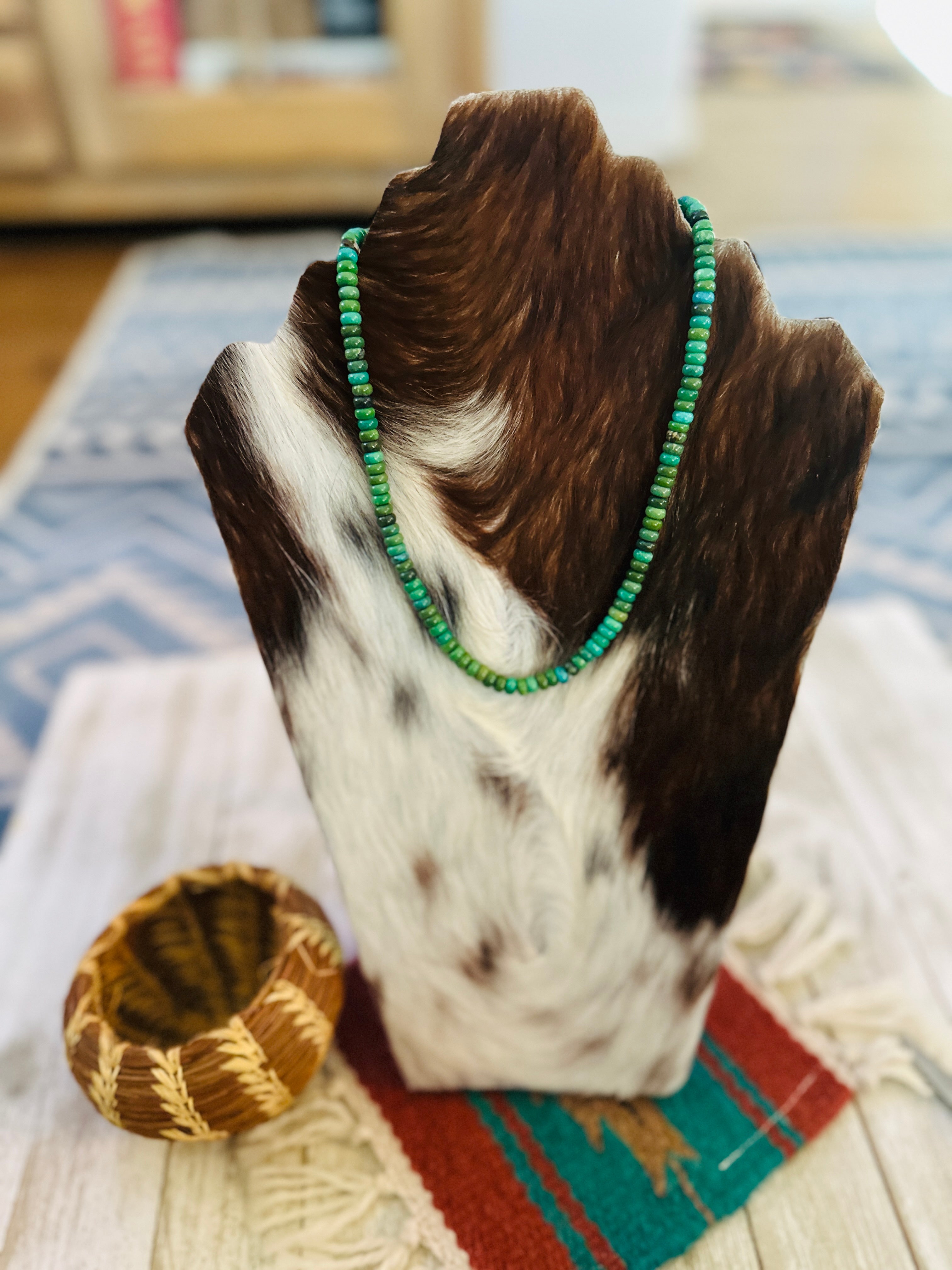 Handcrafted Green Turquoise & Sterling Silver Beaded Necklace 17”