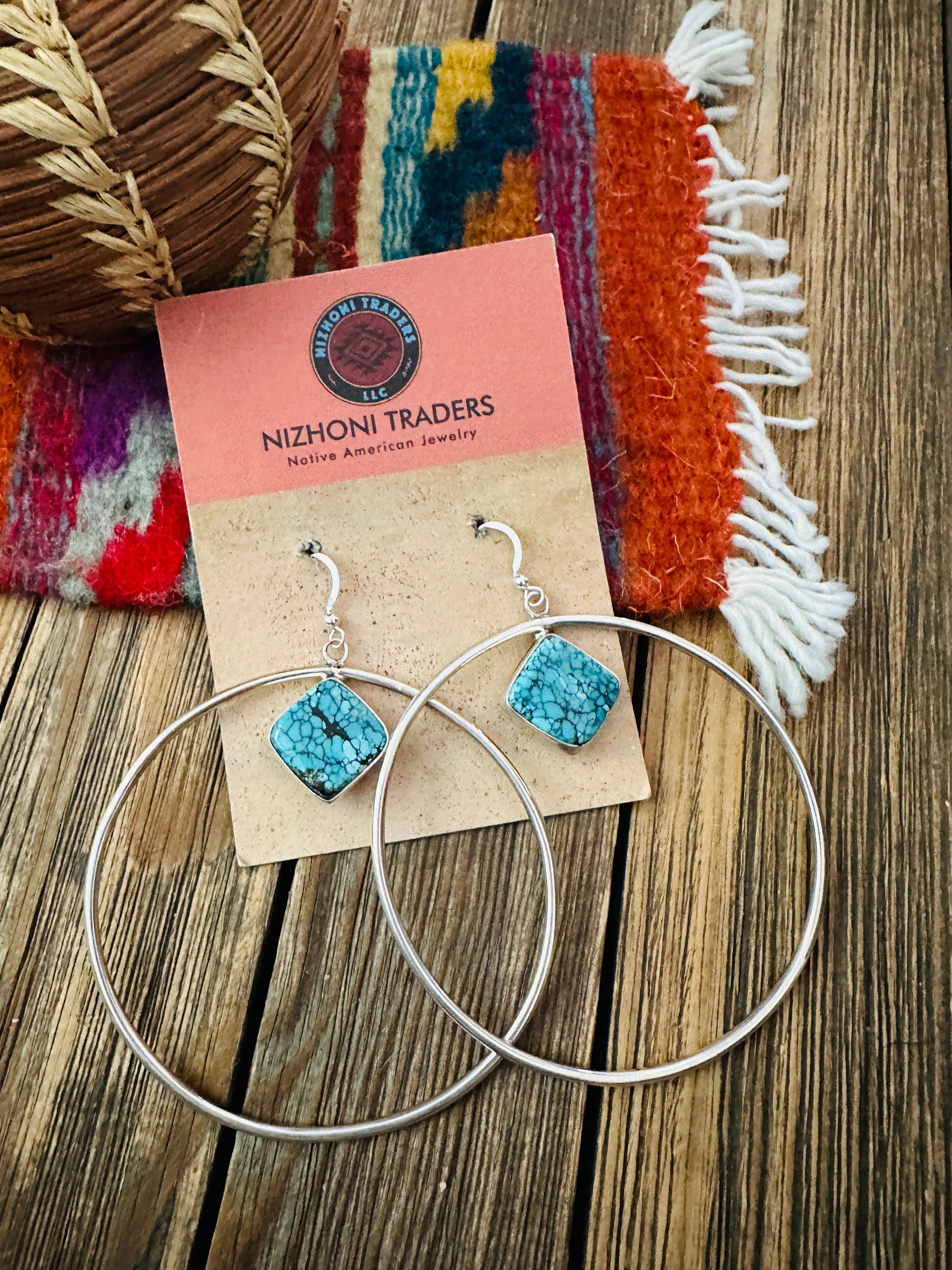 Handcrafted Turquoise & Sterling Silver Dangle Hoop Earrings by Patrick Yazzie