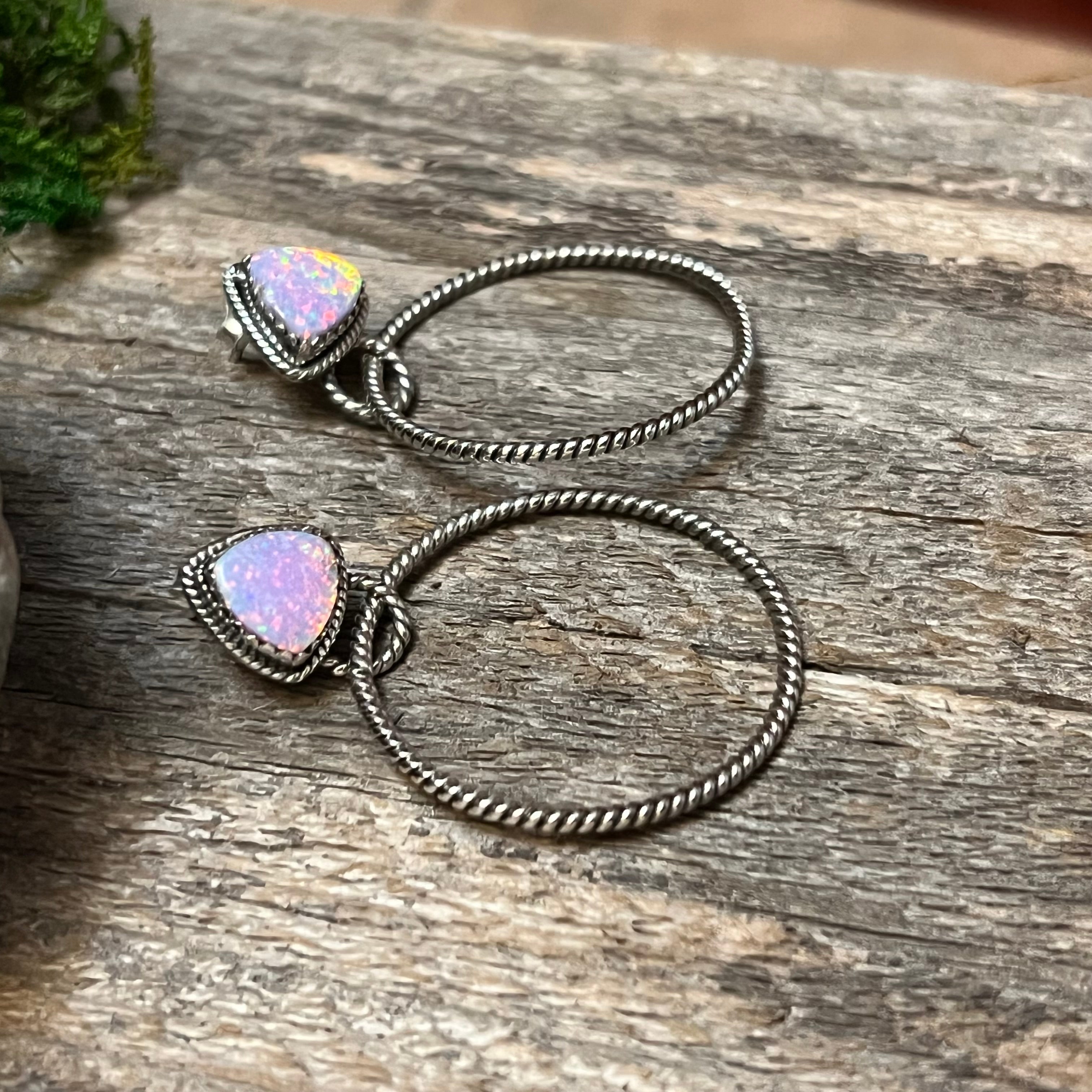 Handmade Pink Speckled Opal & Sterling Silver Hoop Earrings