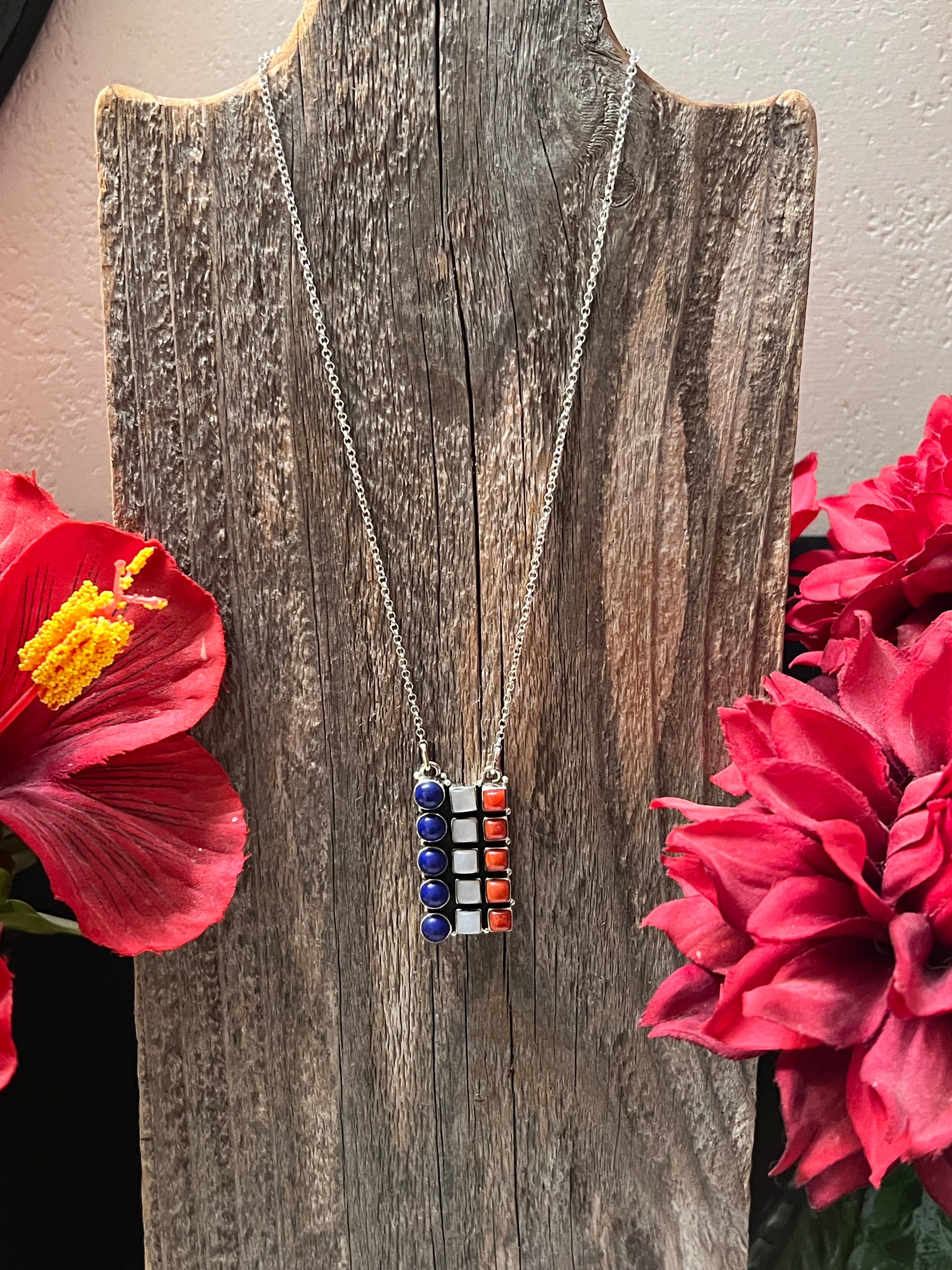 ** 4TH OF JULY ** Handmade Sterling Silver with Red Coral, White Opal, & Blue Lapis Bar Necklace
