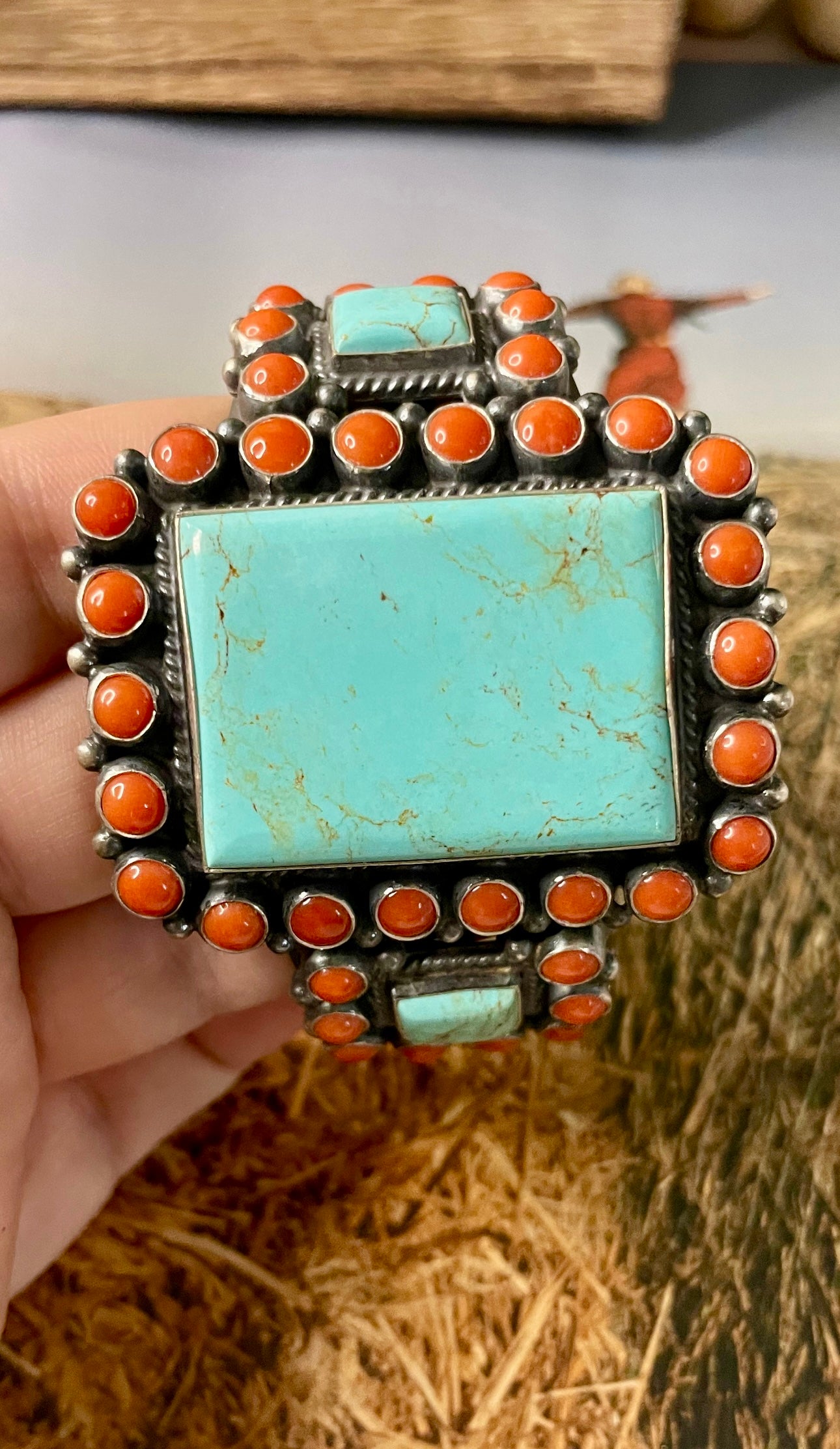Anthony Skeets Handcrafted Turquoise, Coral & Sterling Silver Cuff Bracelet Signed /