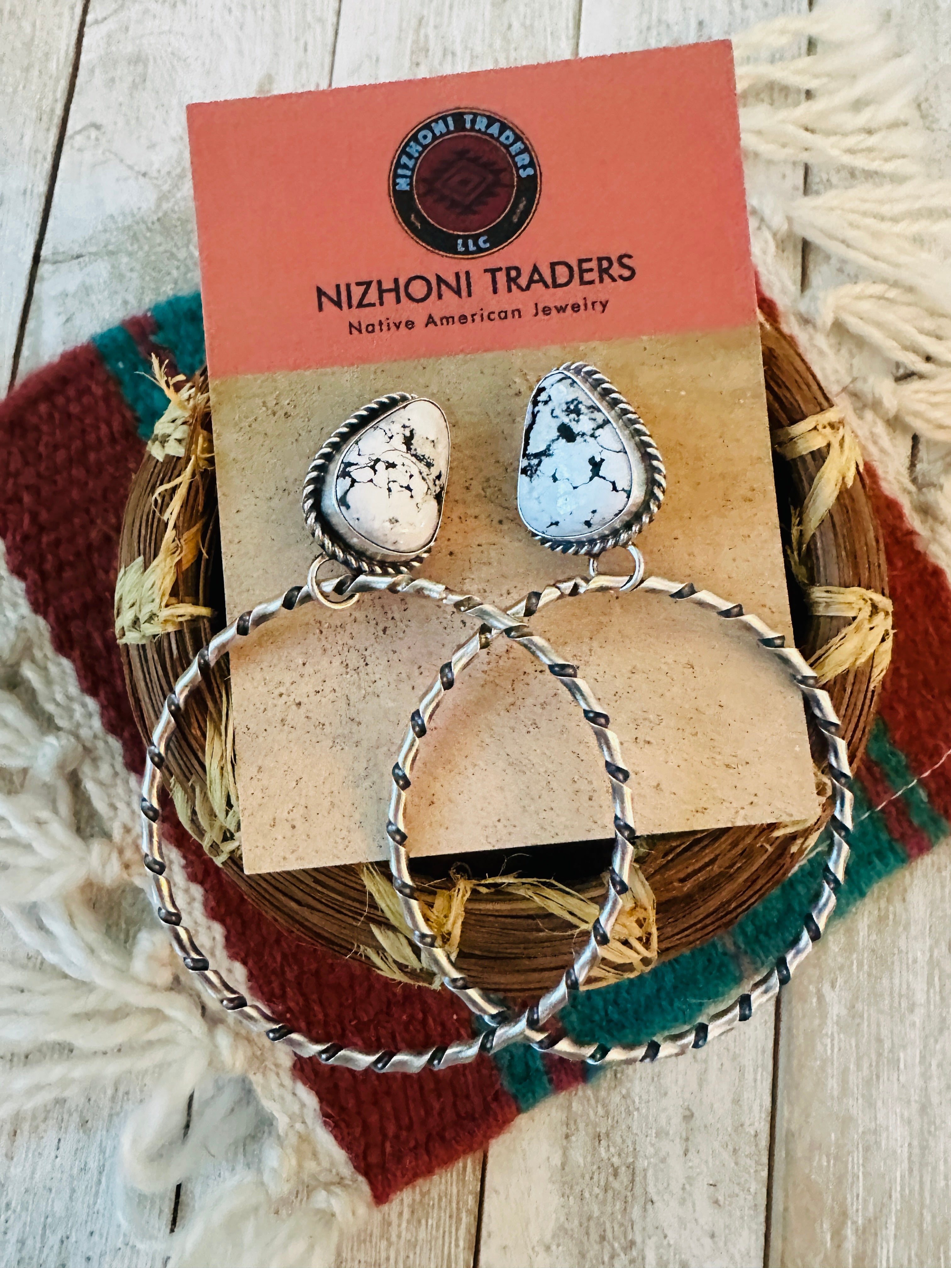 Navajo White Buffalo and Sterling Silver Dangle Hoop Earrings