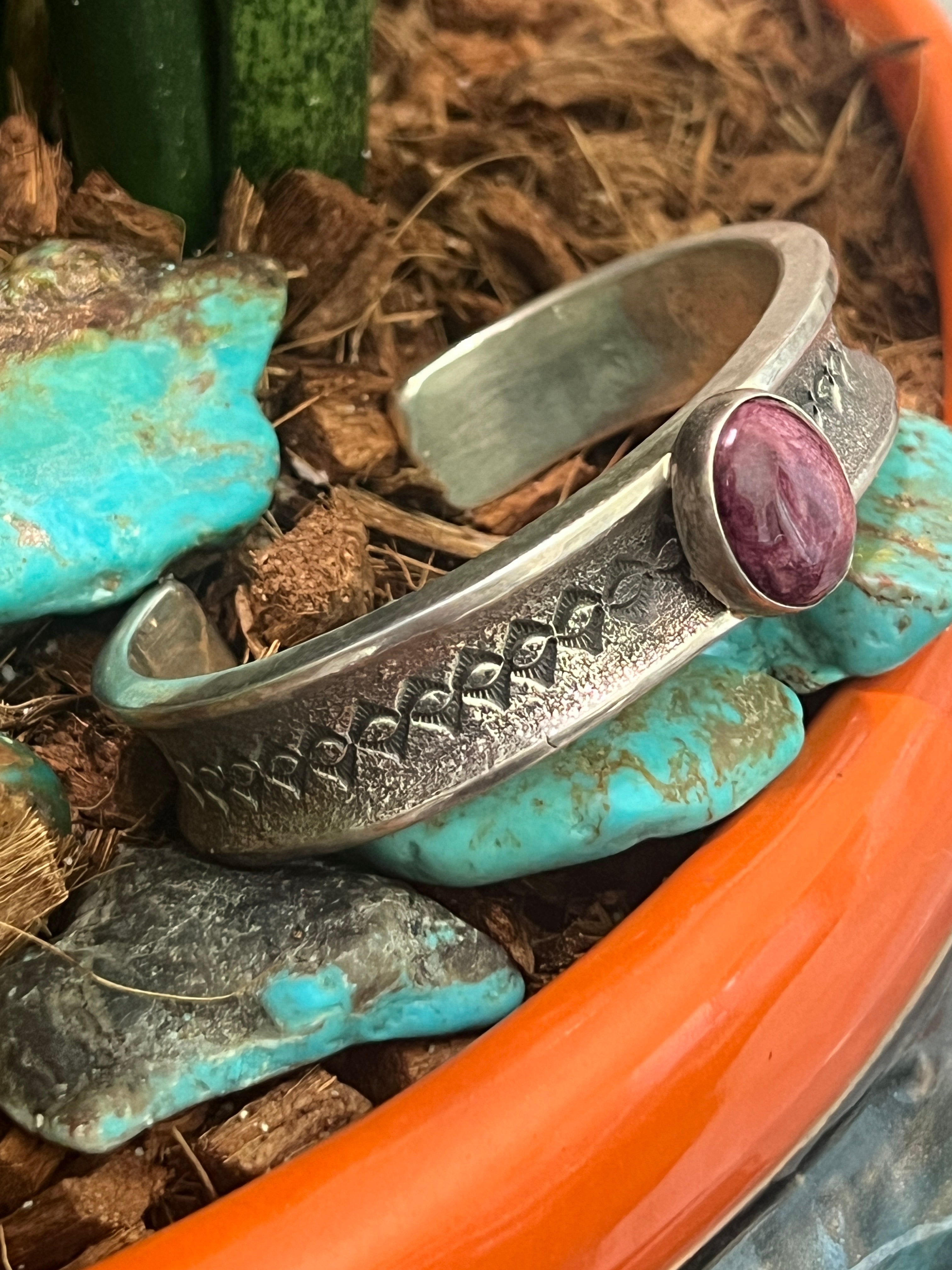 Handcrafted Sterling Silver and Purple Spiny Oyster Tufa Cast Cuff by Gary Custer