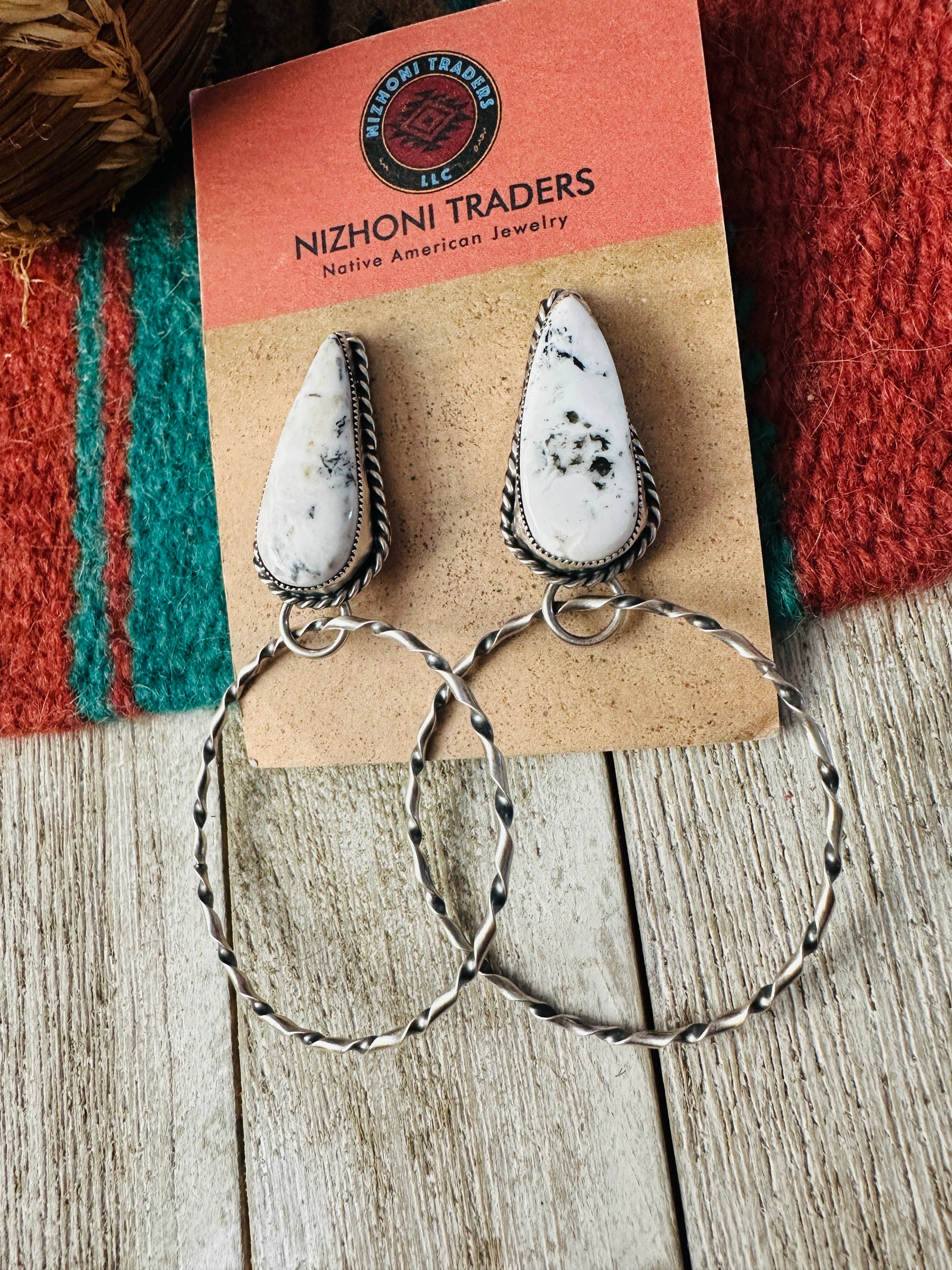 Handcrafted White Buffalo & Sterling Silver Dangle Hoop Earrings