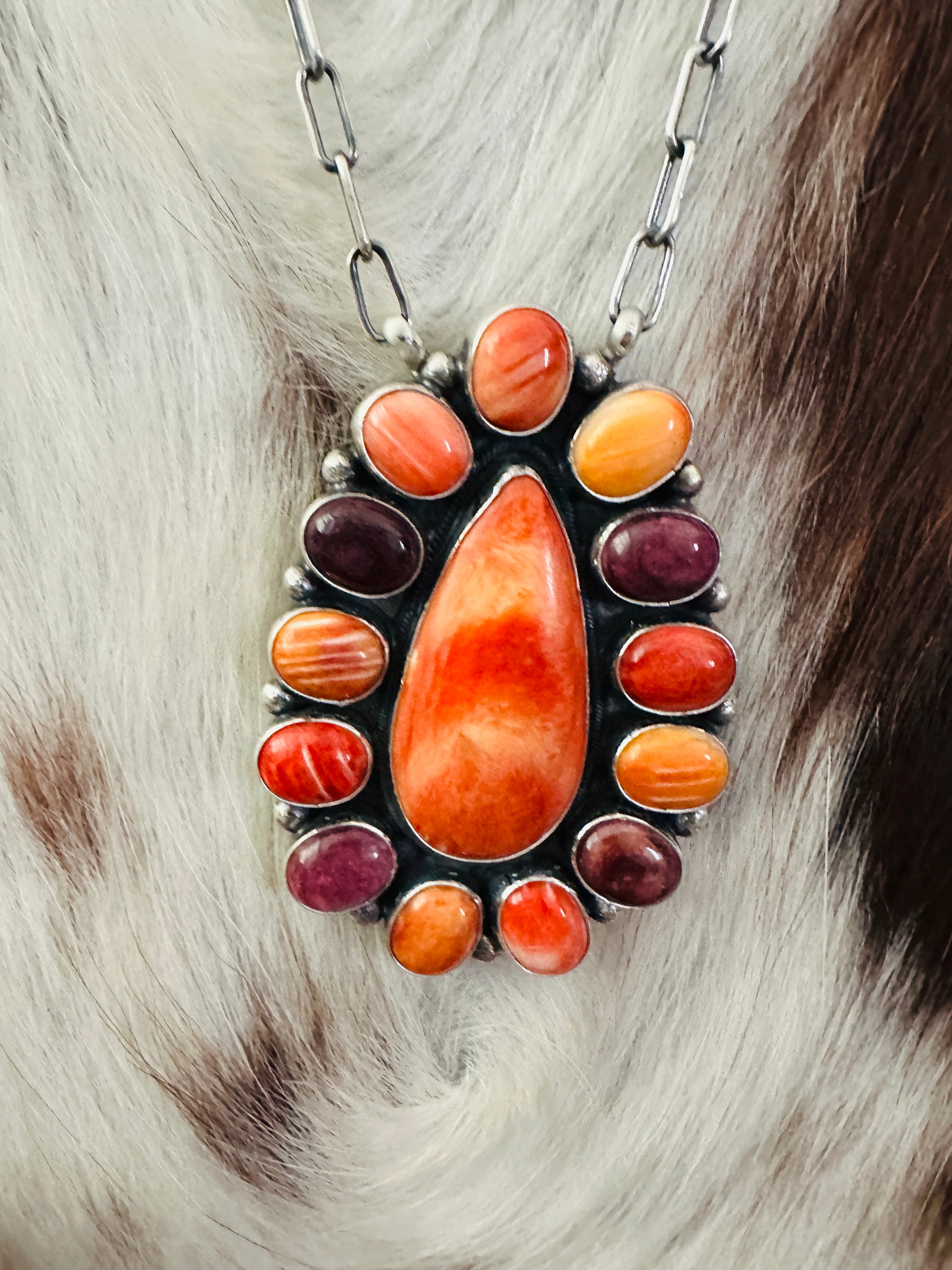 Handcrafted Multicolor Spiny Oyster & Sterling Silver Cluster Necklace by Sheila Becenti