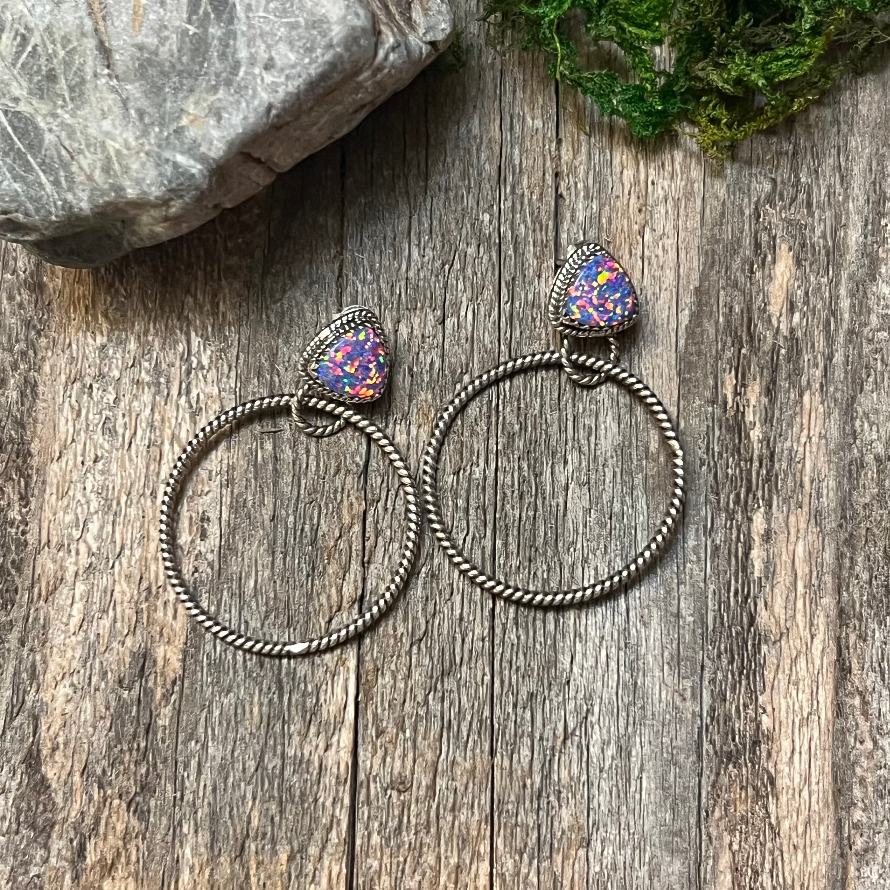 Handmade Blue & Pink Speckled Opal Sterling Silver Hoop Earrings