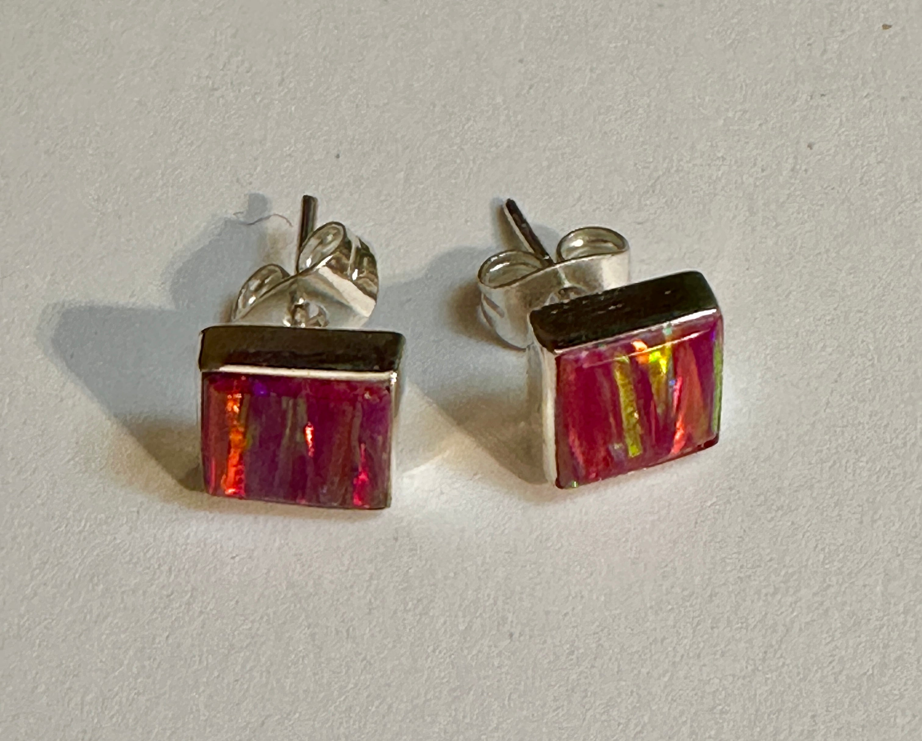 Square Pink Opal Sterling Silver Stud Earrings