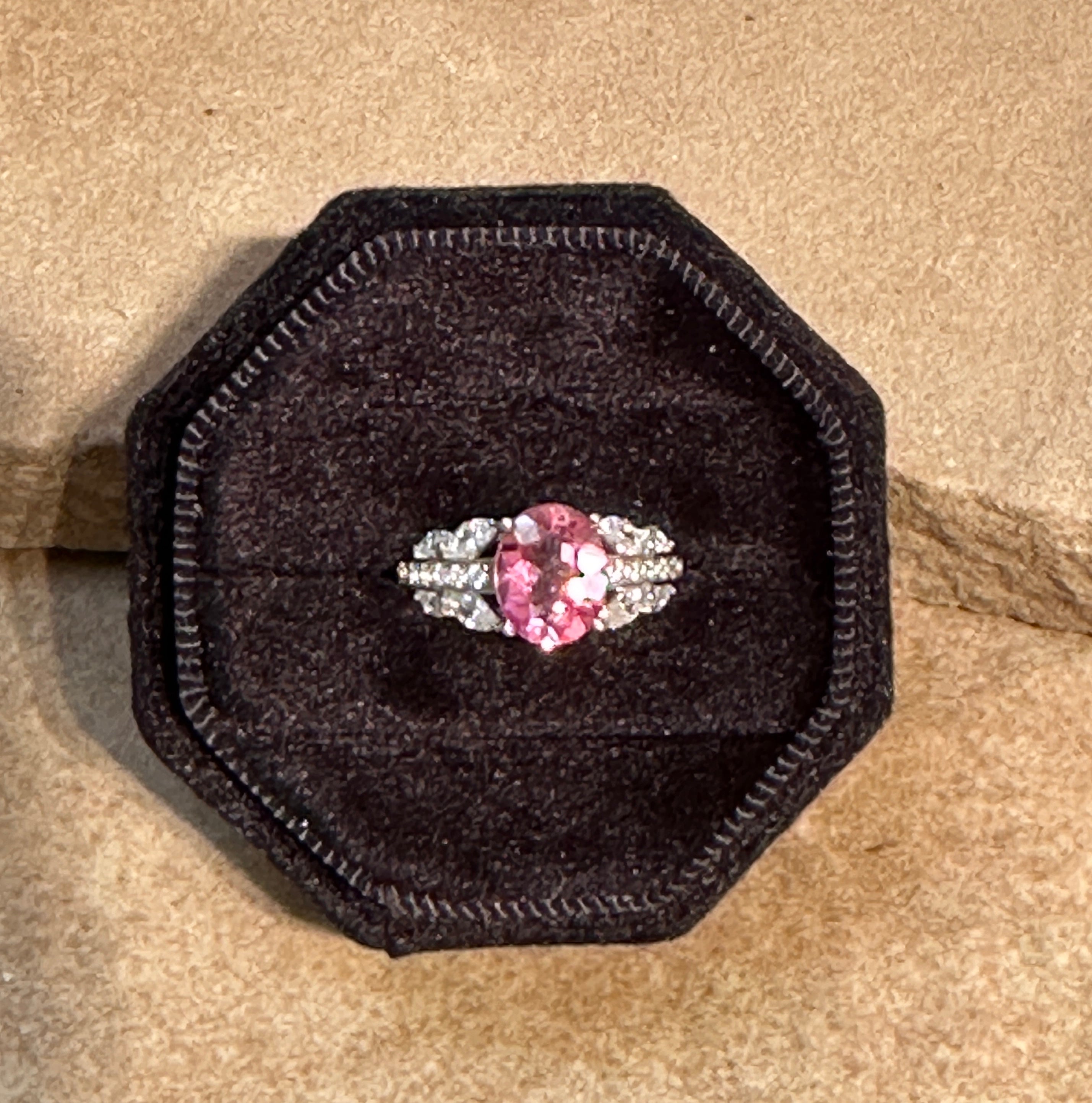Pink Topaz & CZ Oval Shape Sterling Silver Ring Size 6