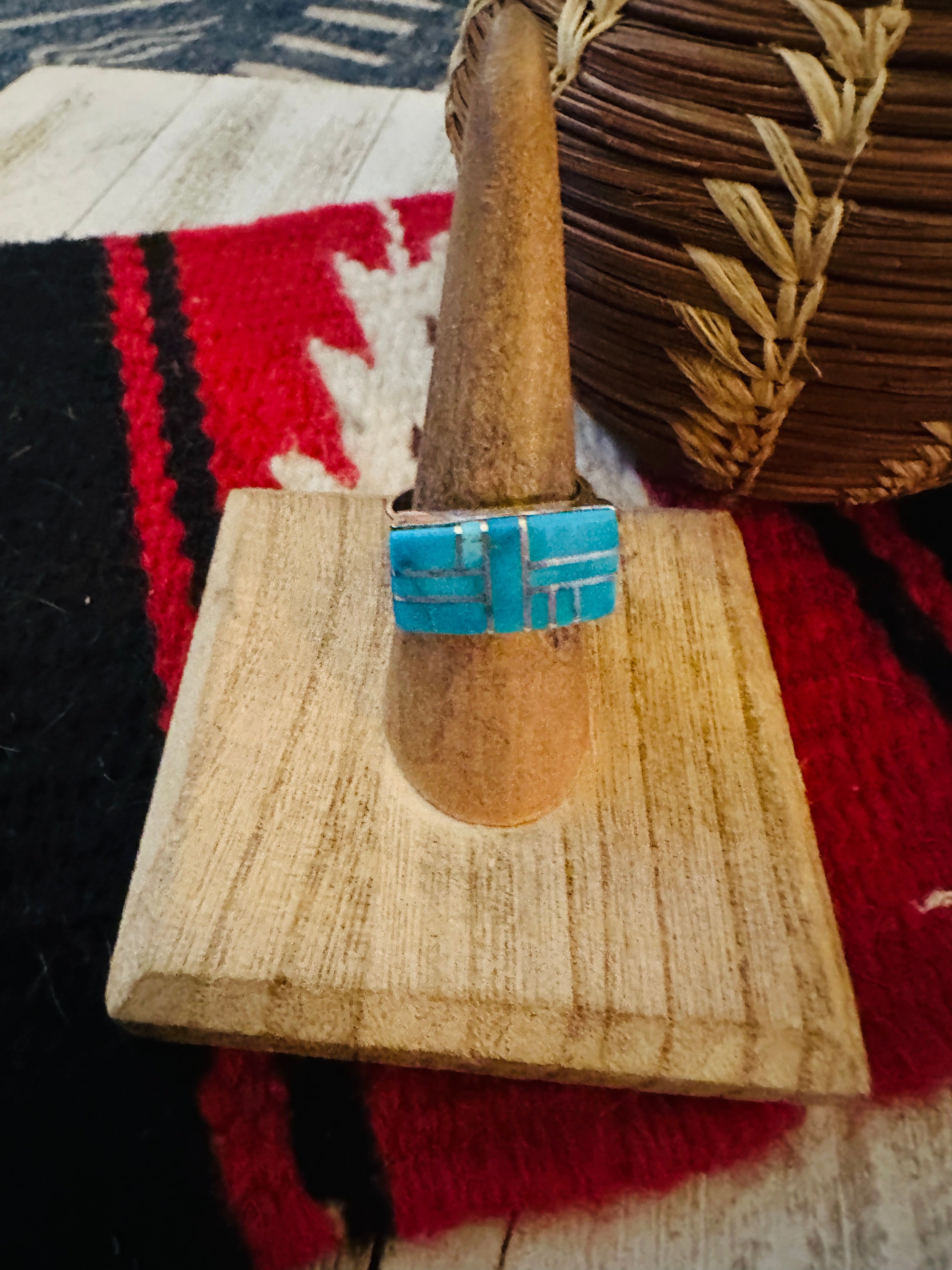 Navajo Turquoise & Sterling Silver Inlay Ring Size 7 by Julia Etsitty