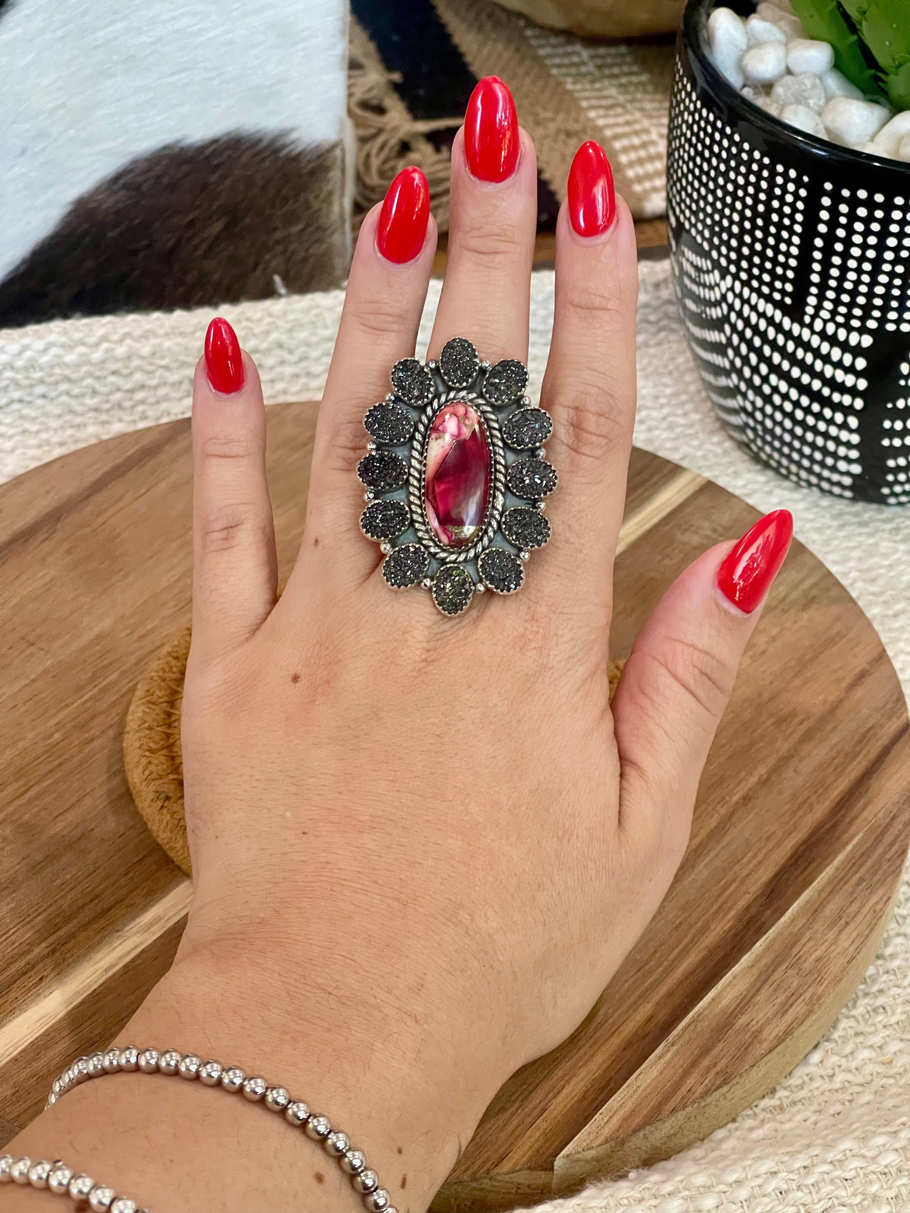 Handcrafted Sterling Silver , Dahlia Rose & Druzy Adjustable Cluster Ring