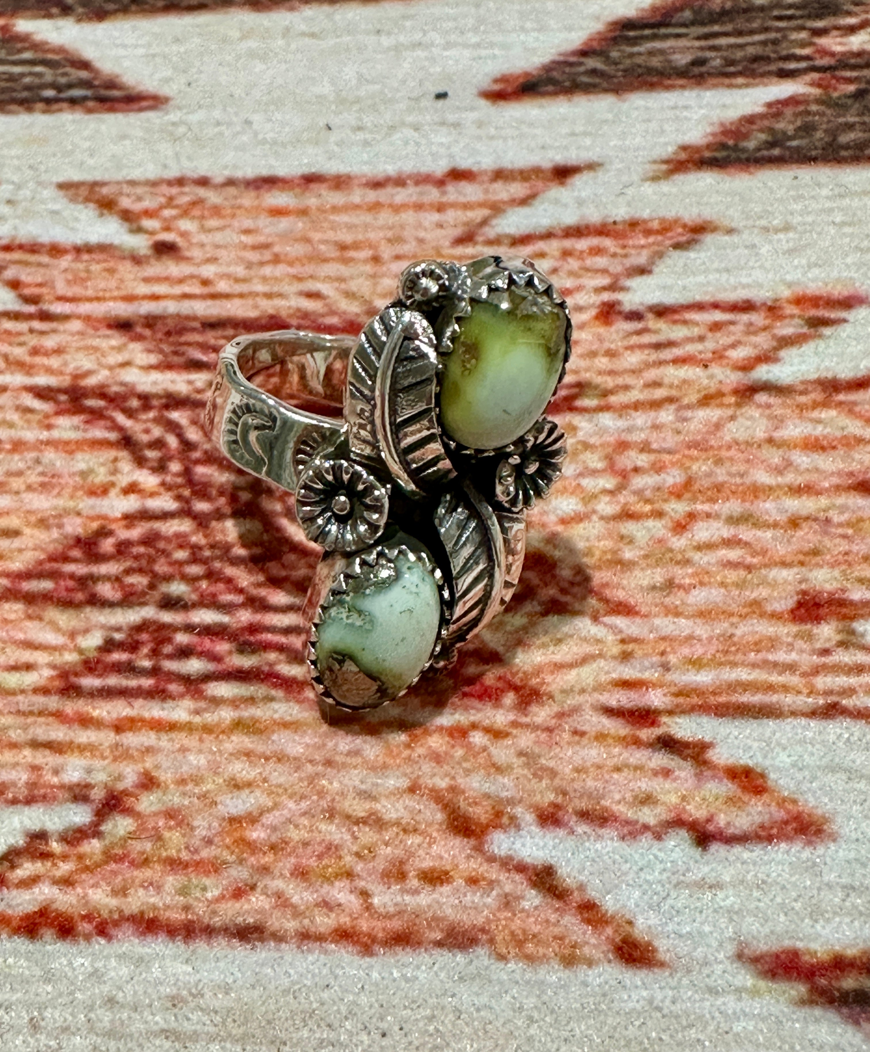 Beautiful Handmade Palomino Turquoise And Sterling Silver Adjustable 2 Stone Flower Leaf Ring