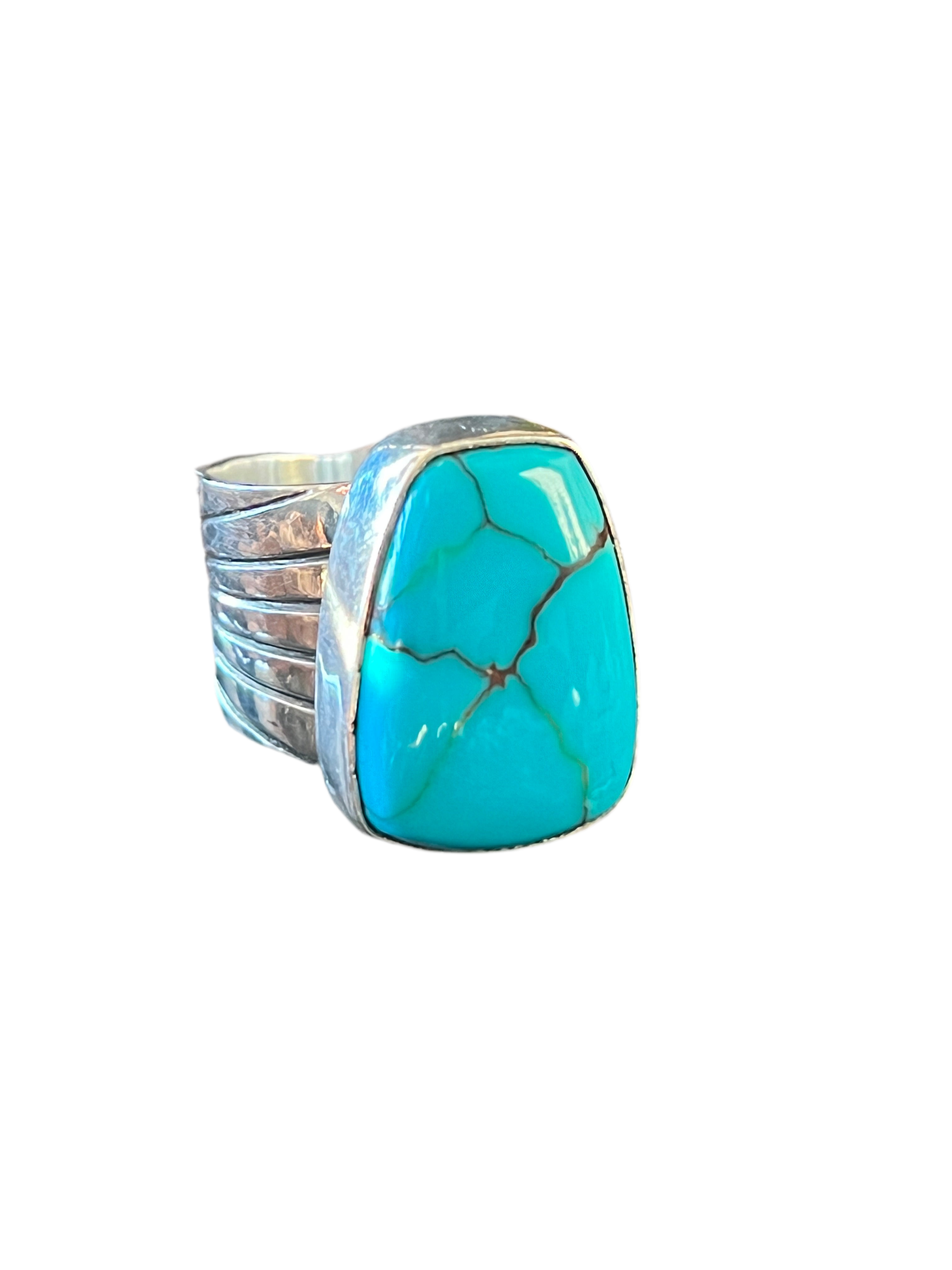 Handcrafted Hand Stamped Sterling Silver and Egyptian Turquoise Wide Shank Ring by Shaun Rogers, Size 8.25