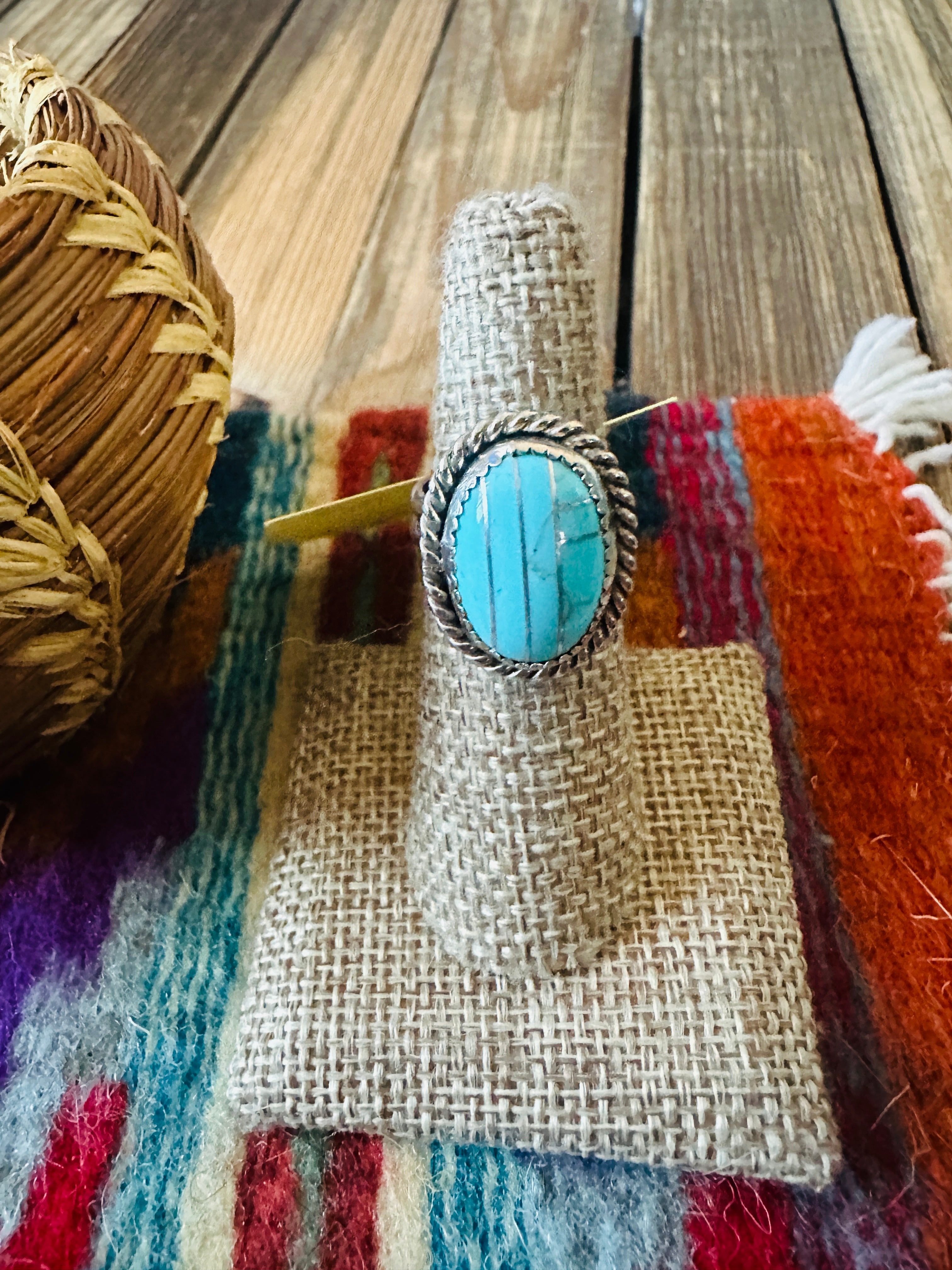 Old Pawn Handcrafted Turquoise & Sterling Silver Inlay Ring Size 7