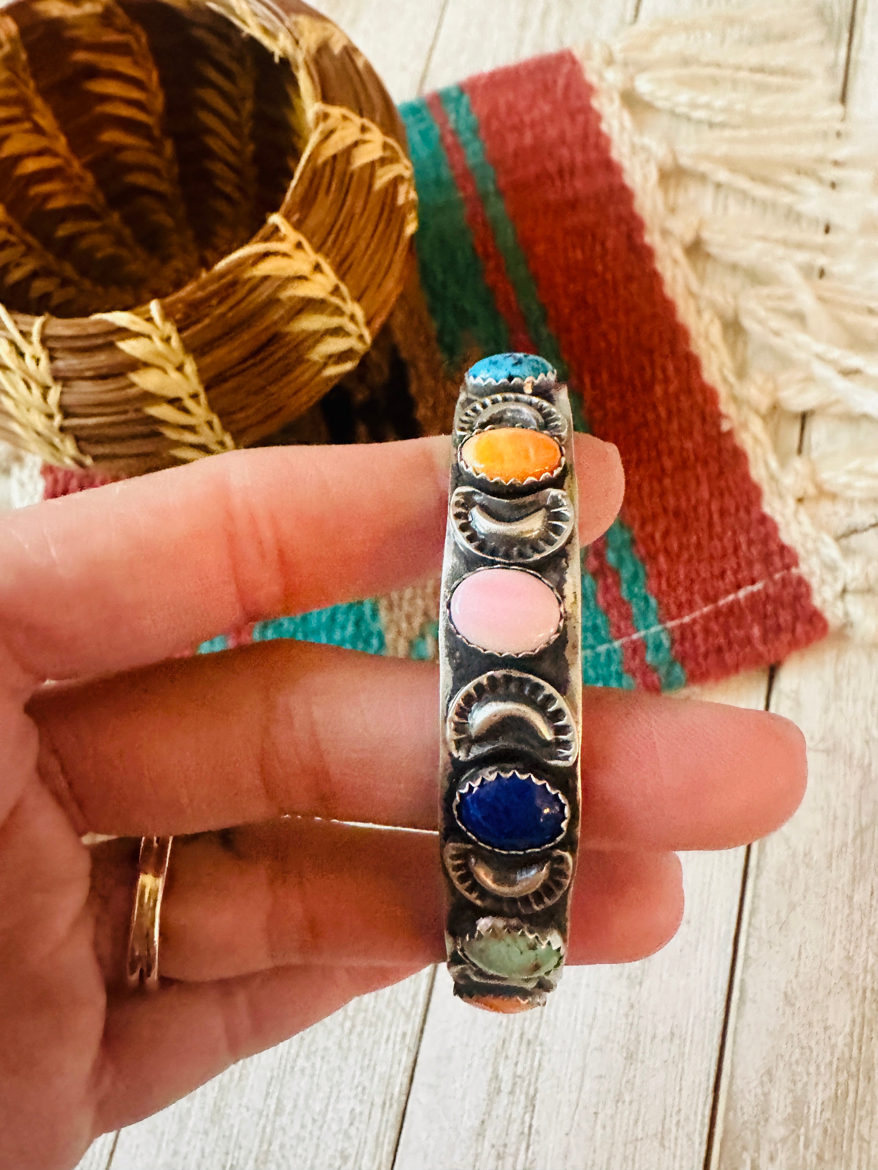 Navajo Multi Stone & Sterling Silver Bangle Bracelet Signed Leroy James