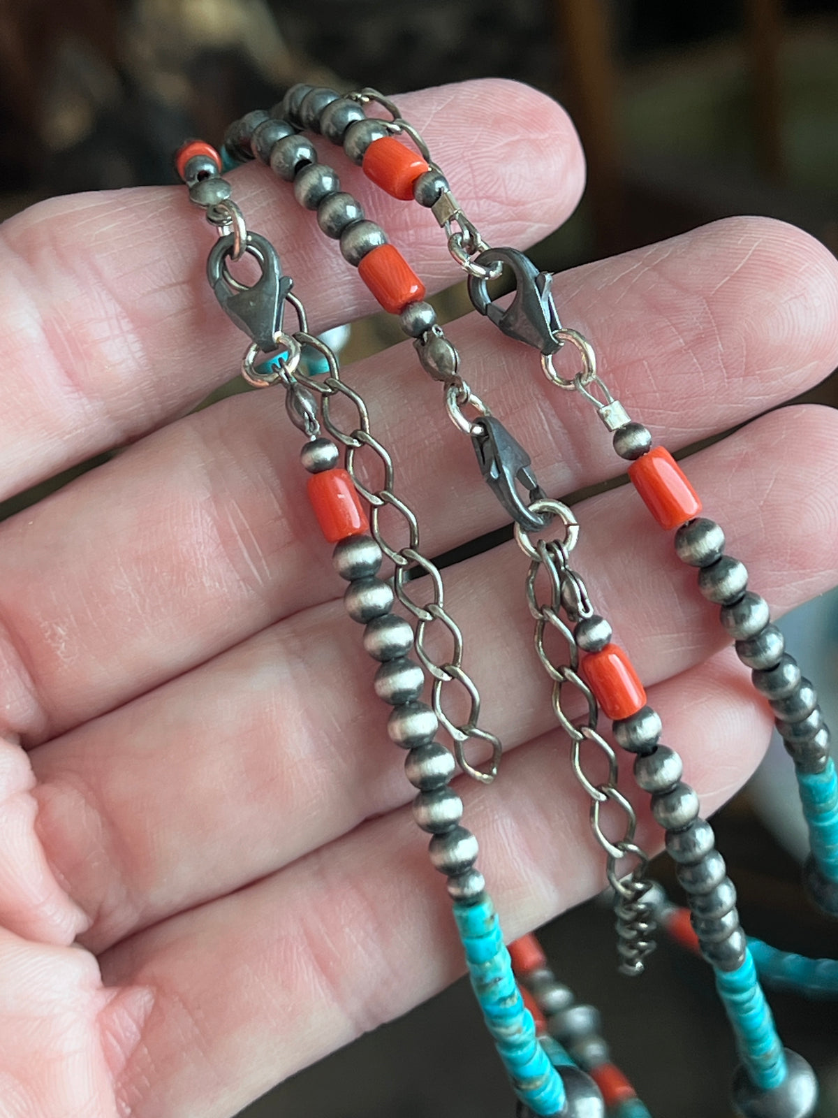 Bohemian Bliss Beaded Choker with Sterling Silver, Mediterranean Coral and Turquoise, 16” + 2”