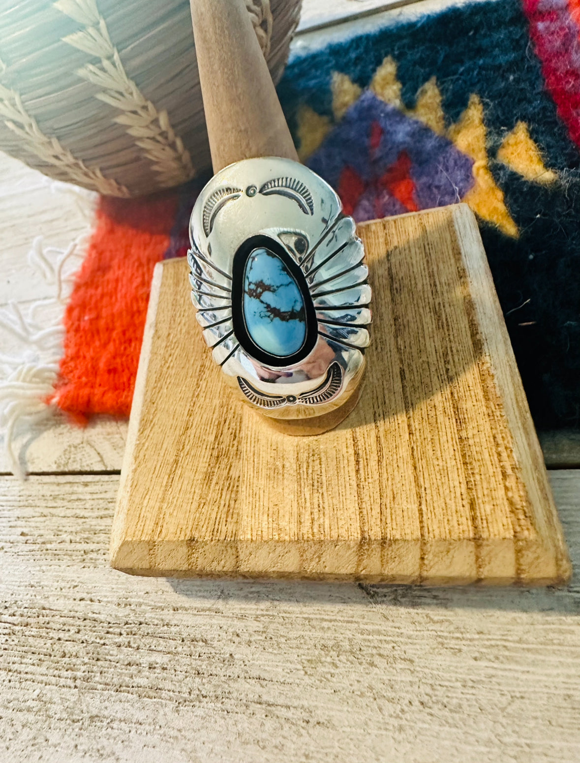 Navajo Golden Hills Turquoise & Sterling Silver Shadowbox Ring Size 8.5
