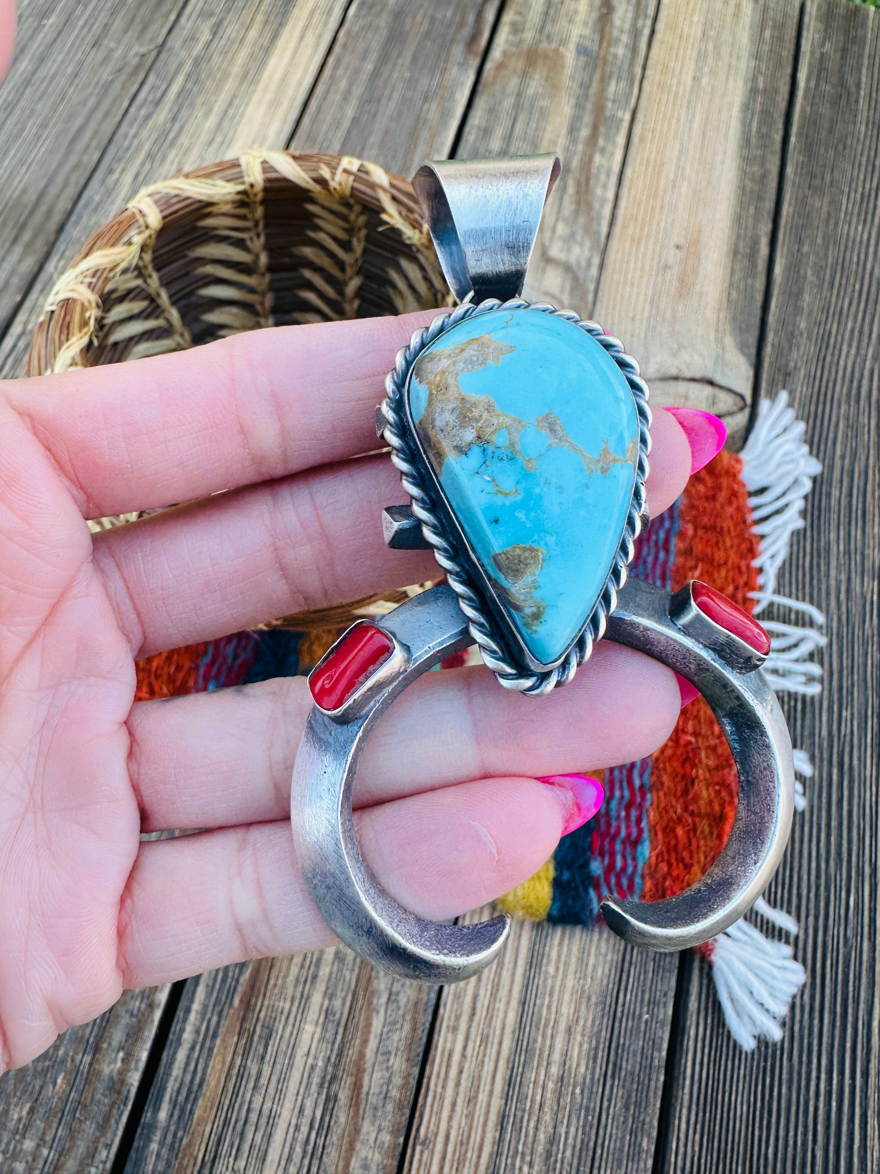 Handcrafted Sterling Silver, Turquoise & Coral Naja Pendant by Chimney Butte