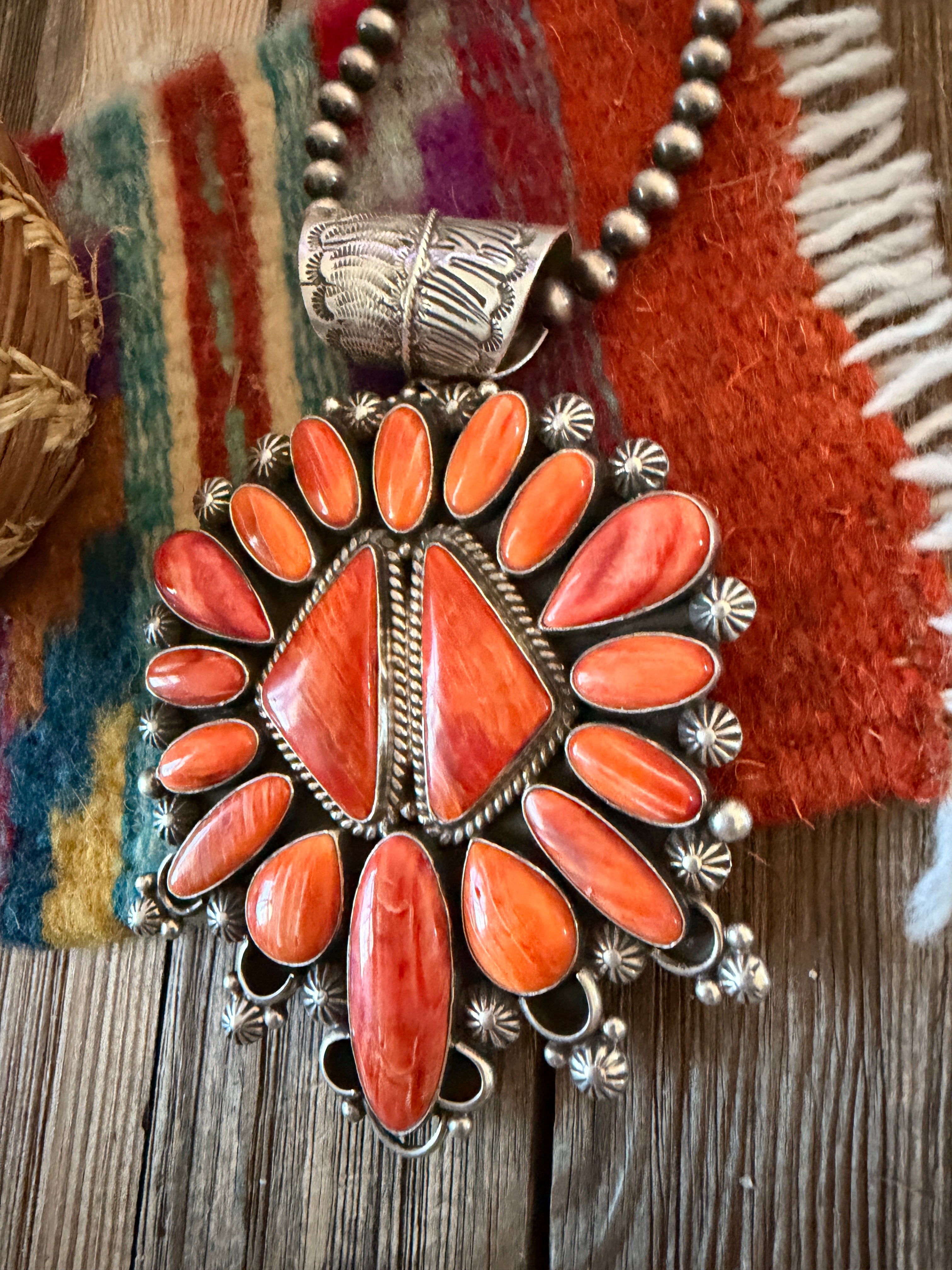 Handcrafted Sterling Silver & Orange Spiny Cluster Pendant by Tyler Brown