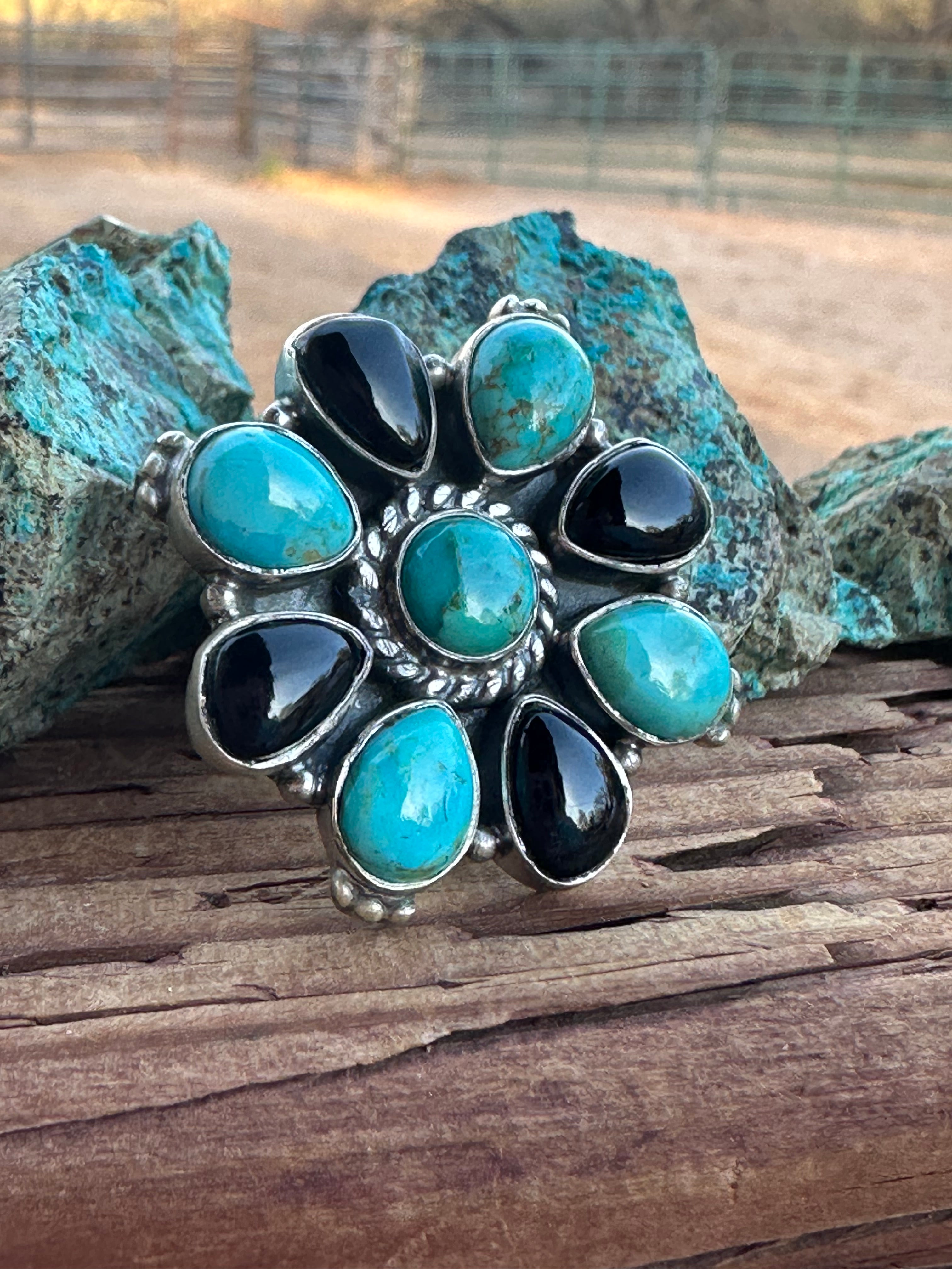 Beautiful Handmade Kingman Turquoise and Onyx Sterling Silver Adjustable Ring