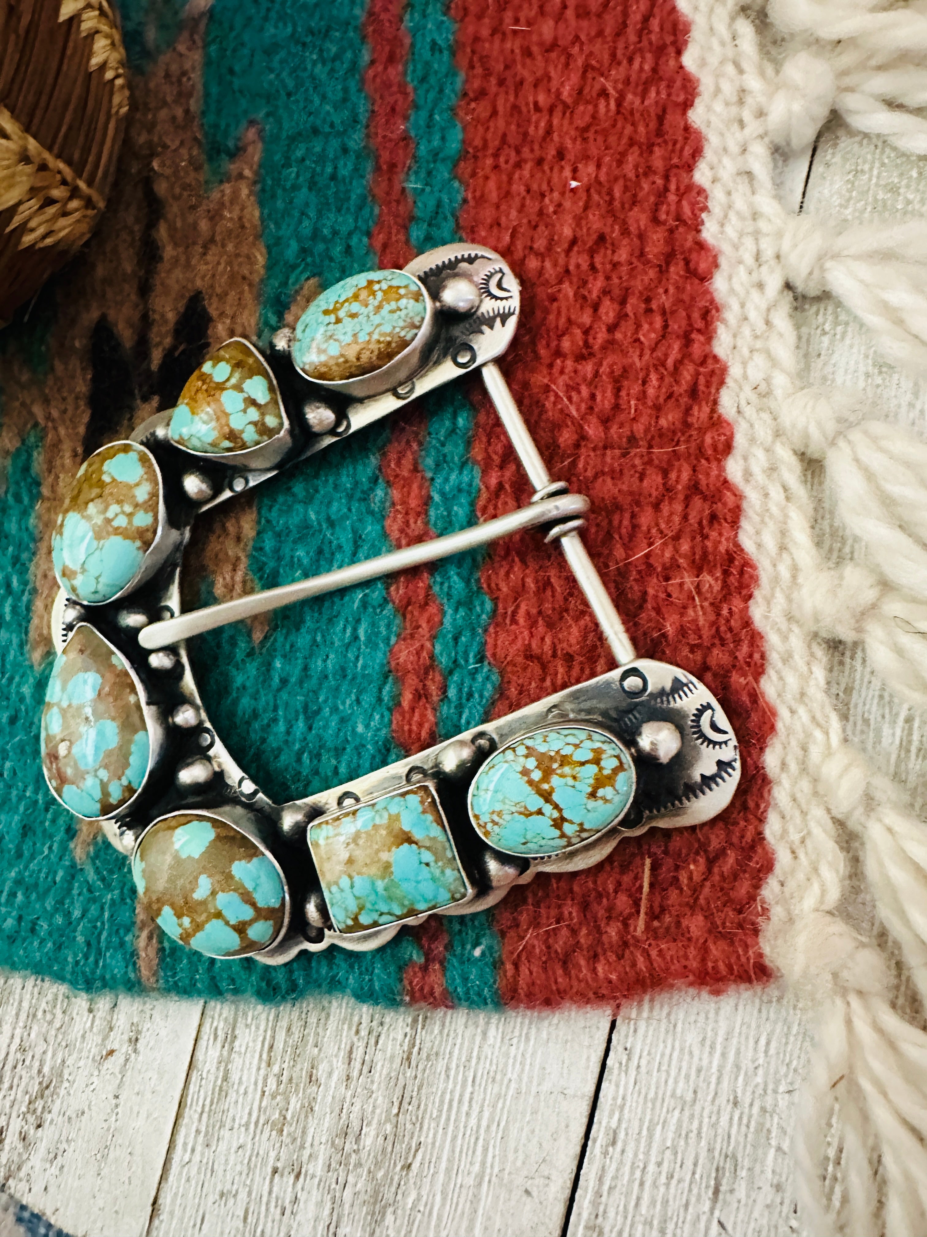 Handcrafted Number 8 Turquoise & Sterling Silver Belt Buckle by Russell Sam