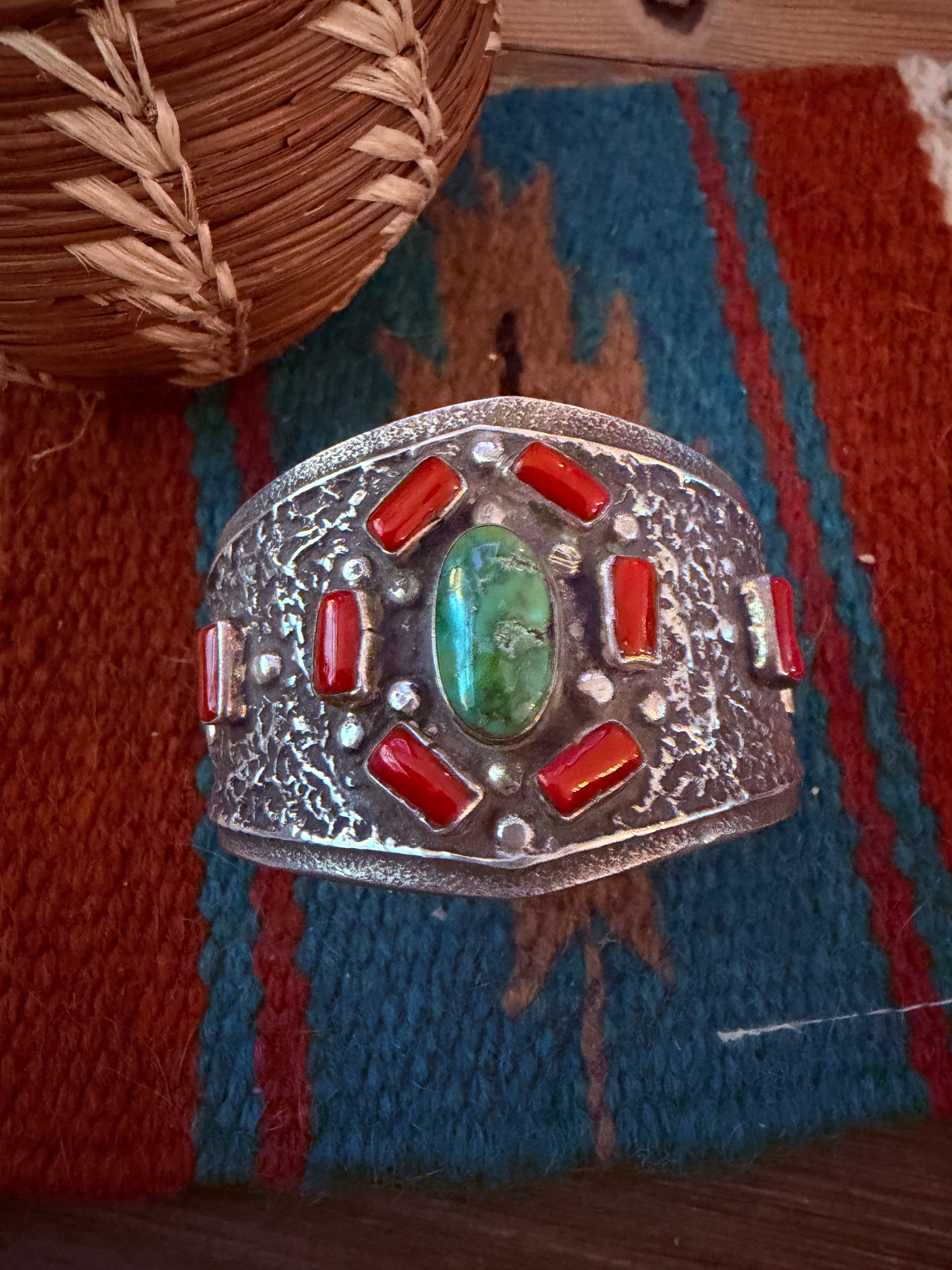 Handcrafted Turquoise, Coral & Sterling Silver Cuff Bracelet