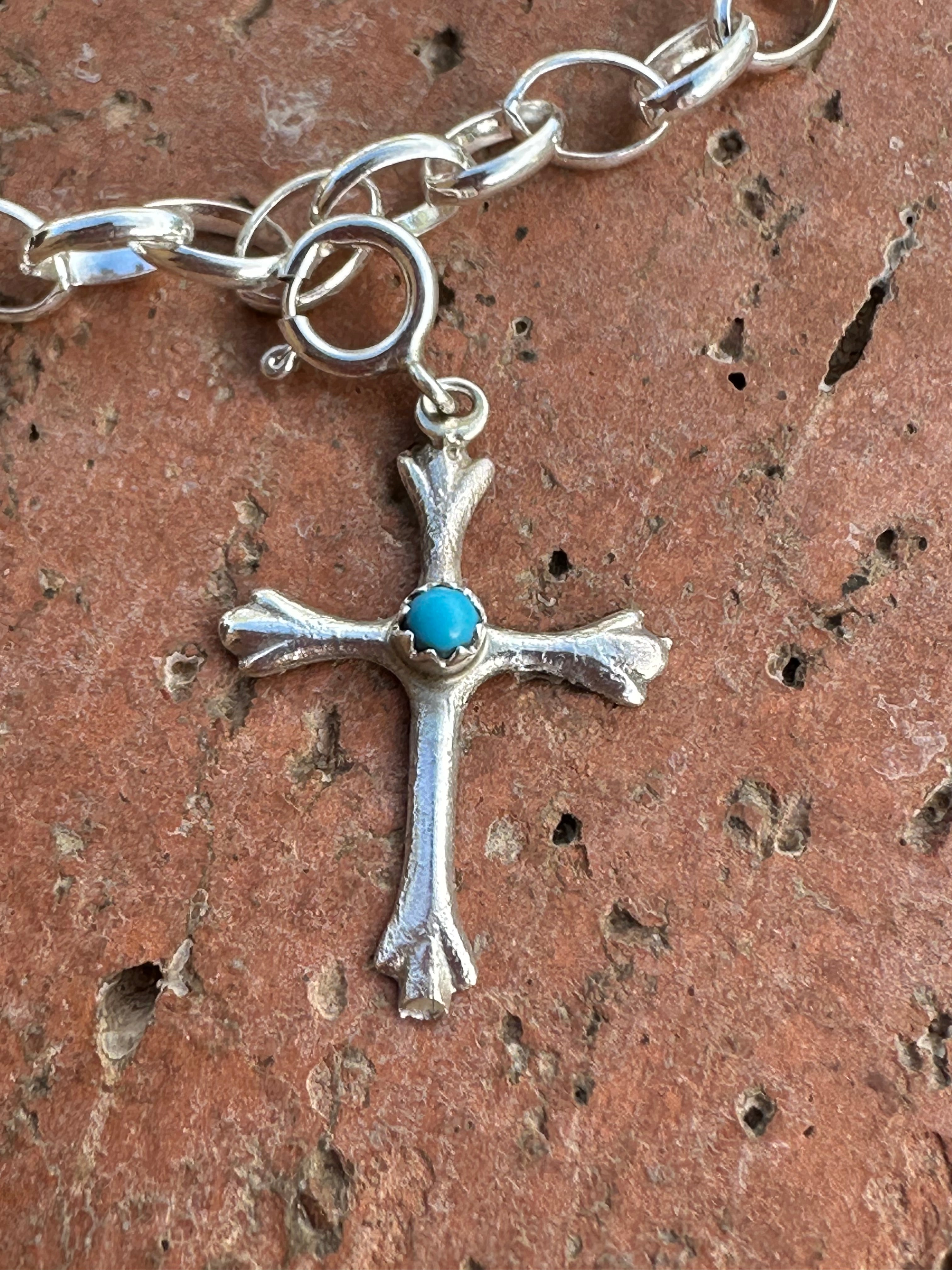 Handcrafted Sterling Silver and Turquoise Hand Stamped Cross charm