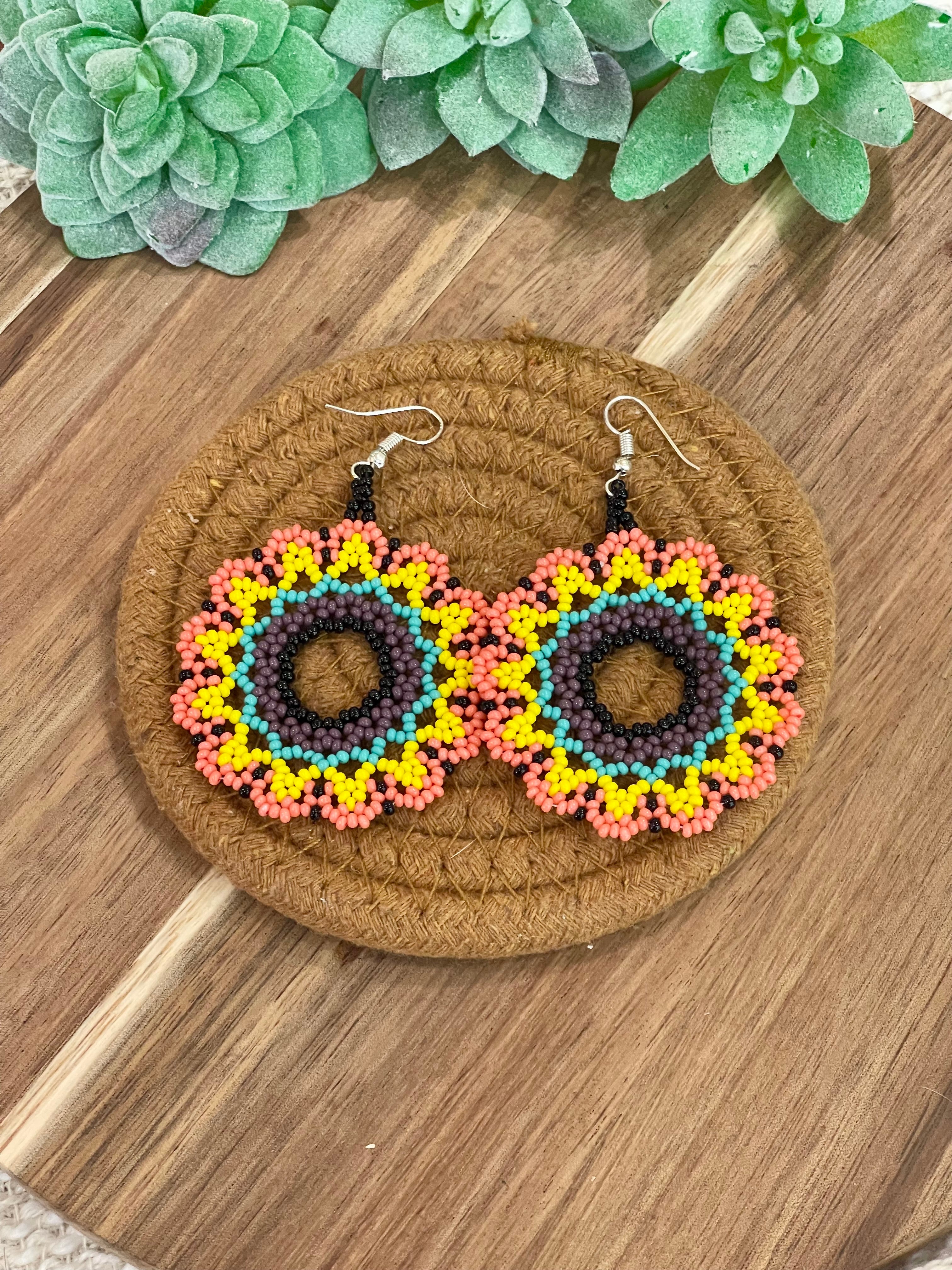 Handmade In Mexico Sterling Silver , Multi Color Dangle Beaded Earrings