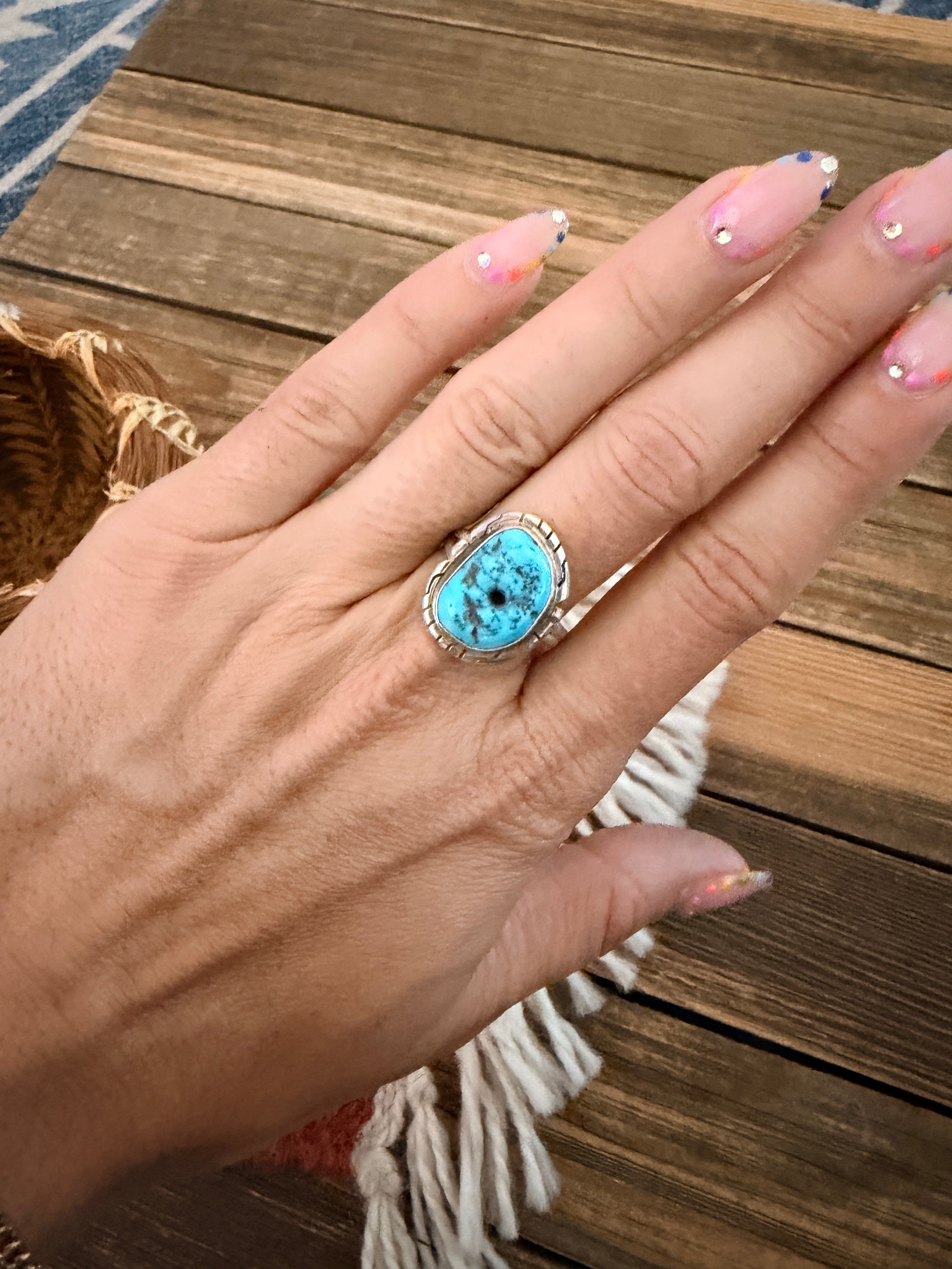 Handcrafted Turquoise & Sterling Silver Ring Size 8.75