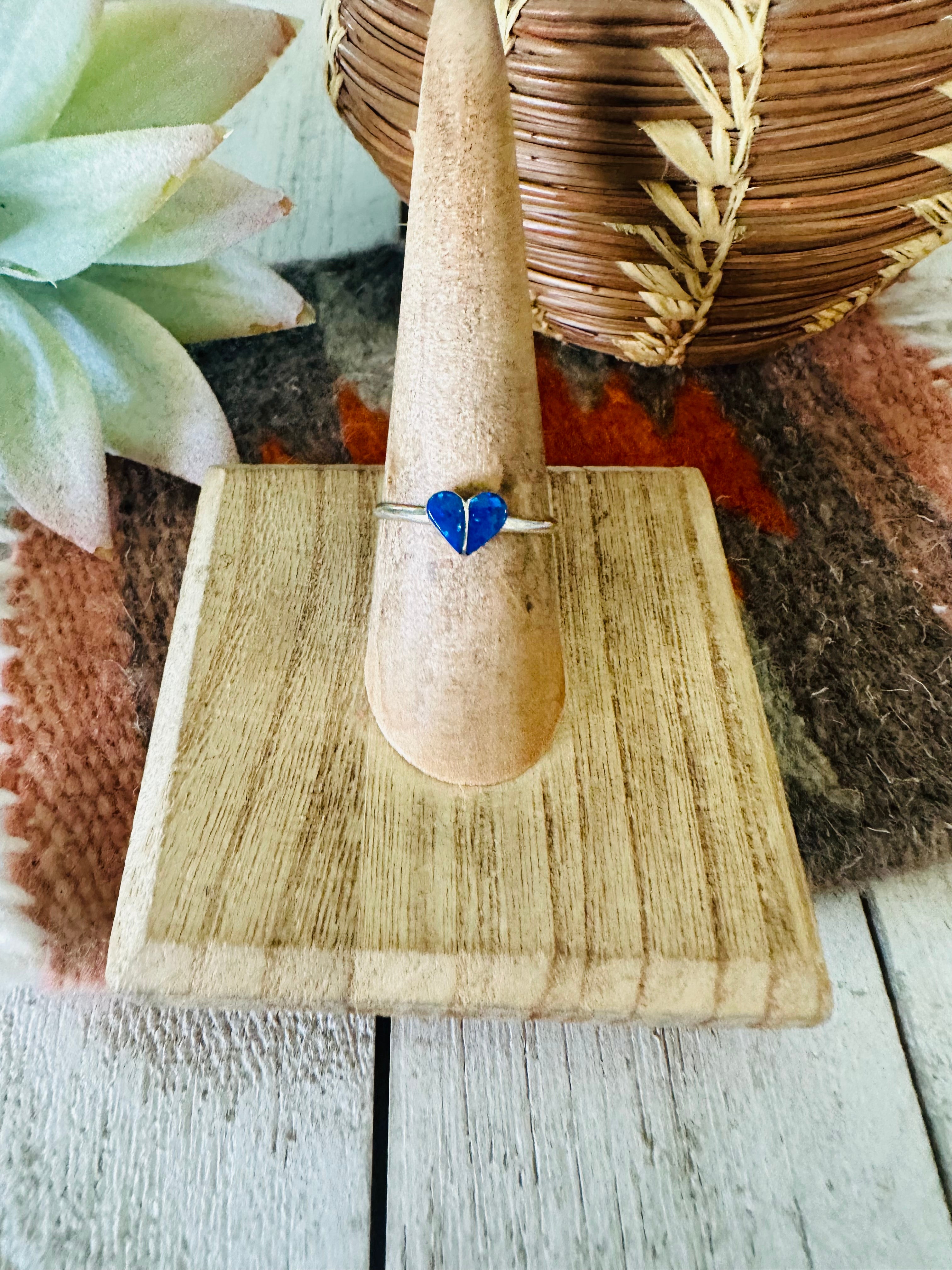 Handcrafted Sterling Silver & Blue Opal Inlay Heart Ring