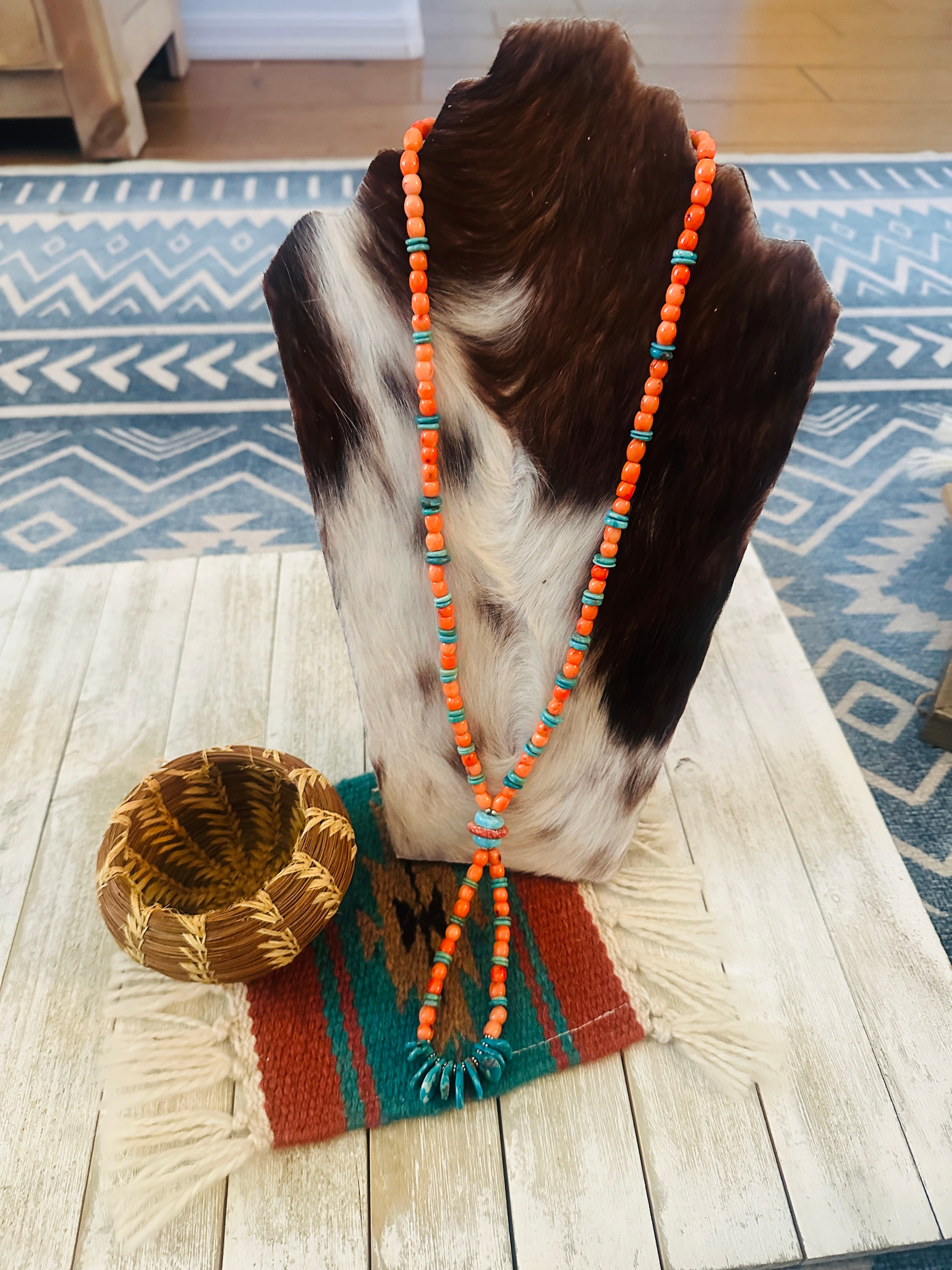 Handcrafted Spiny Oyster, Turquoise & Sterling Silver Beaded Jacla Necklace