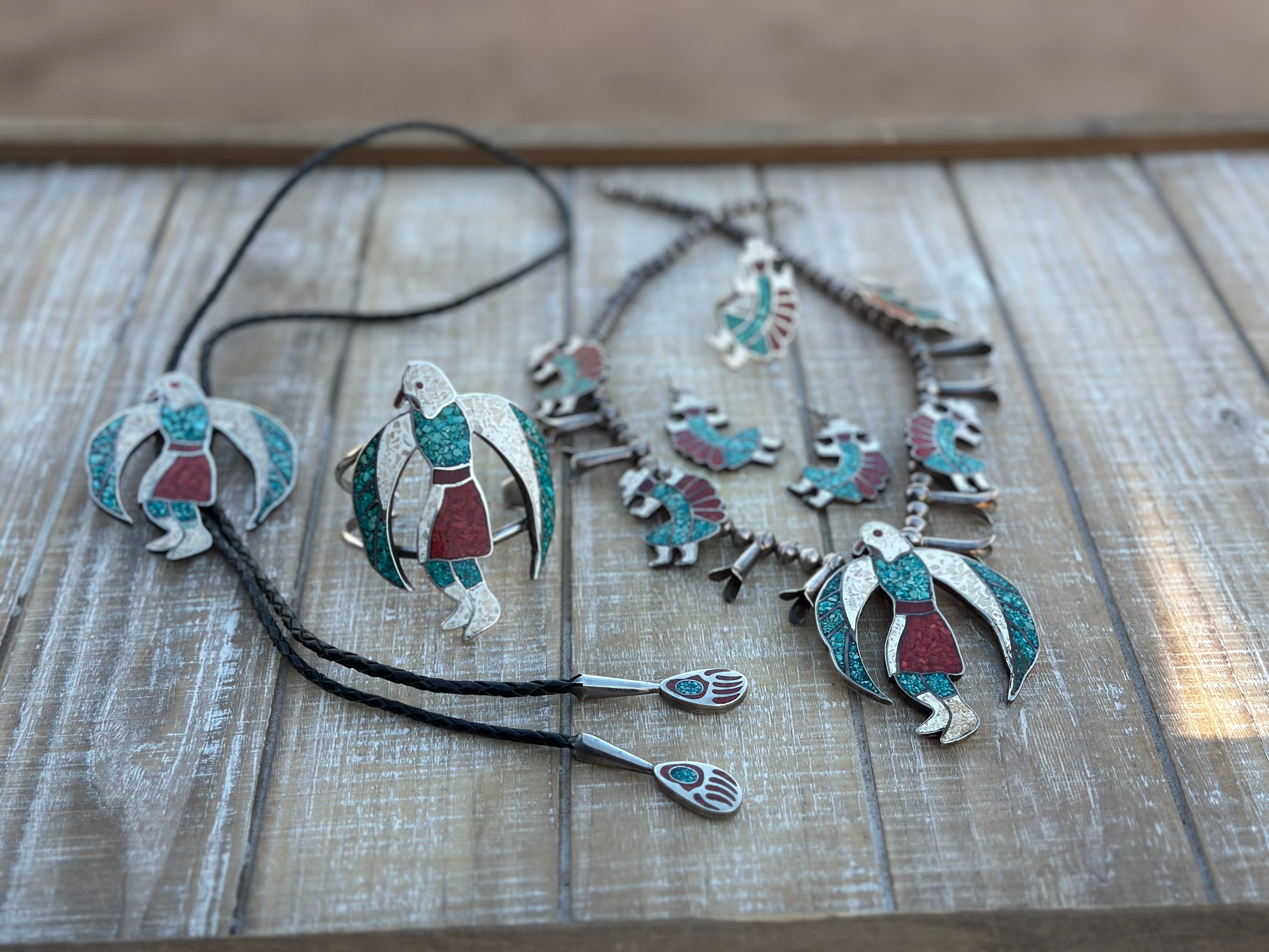 Handcrafted Old Pawn Vintage Chip Inlay Eagle Dancer Sterling Silver 5 Piece Jewelry Set