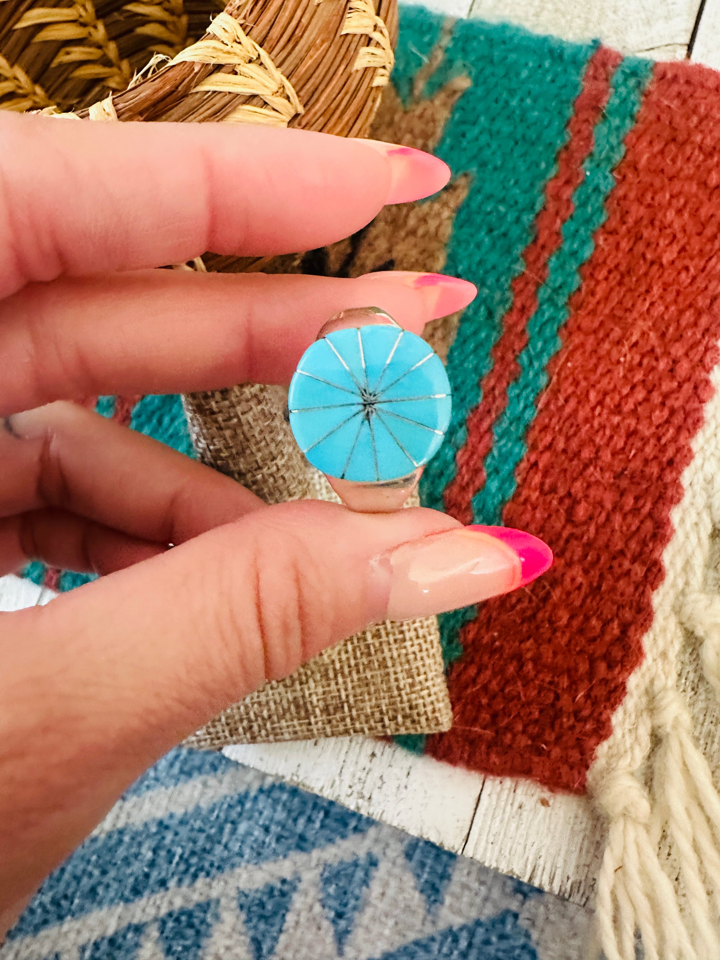 Handcrafted Silver & Turquoise Inlay Flower Ring Size 10.5