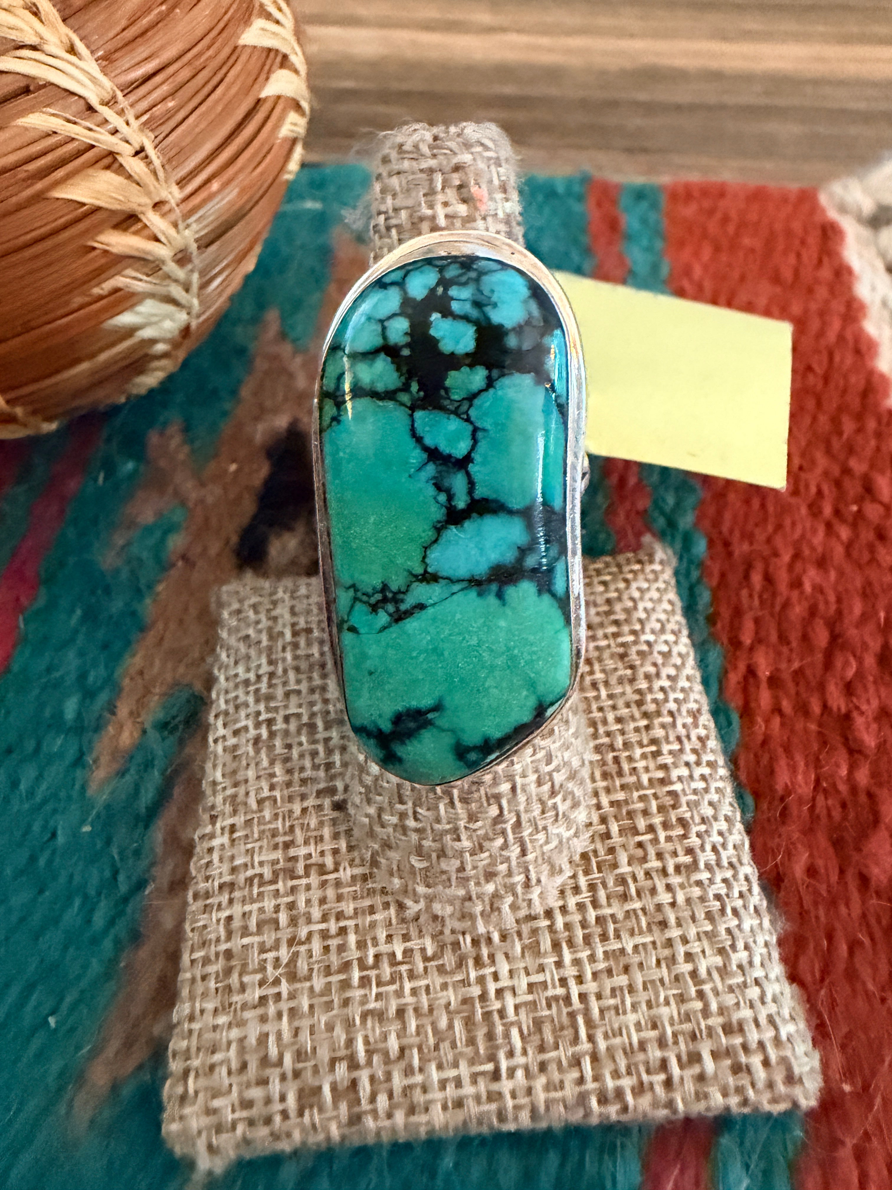 Old Pawn Handcrafted Chinese Spiderweb Turquoise & Sterling Silver Ring Size 8