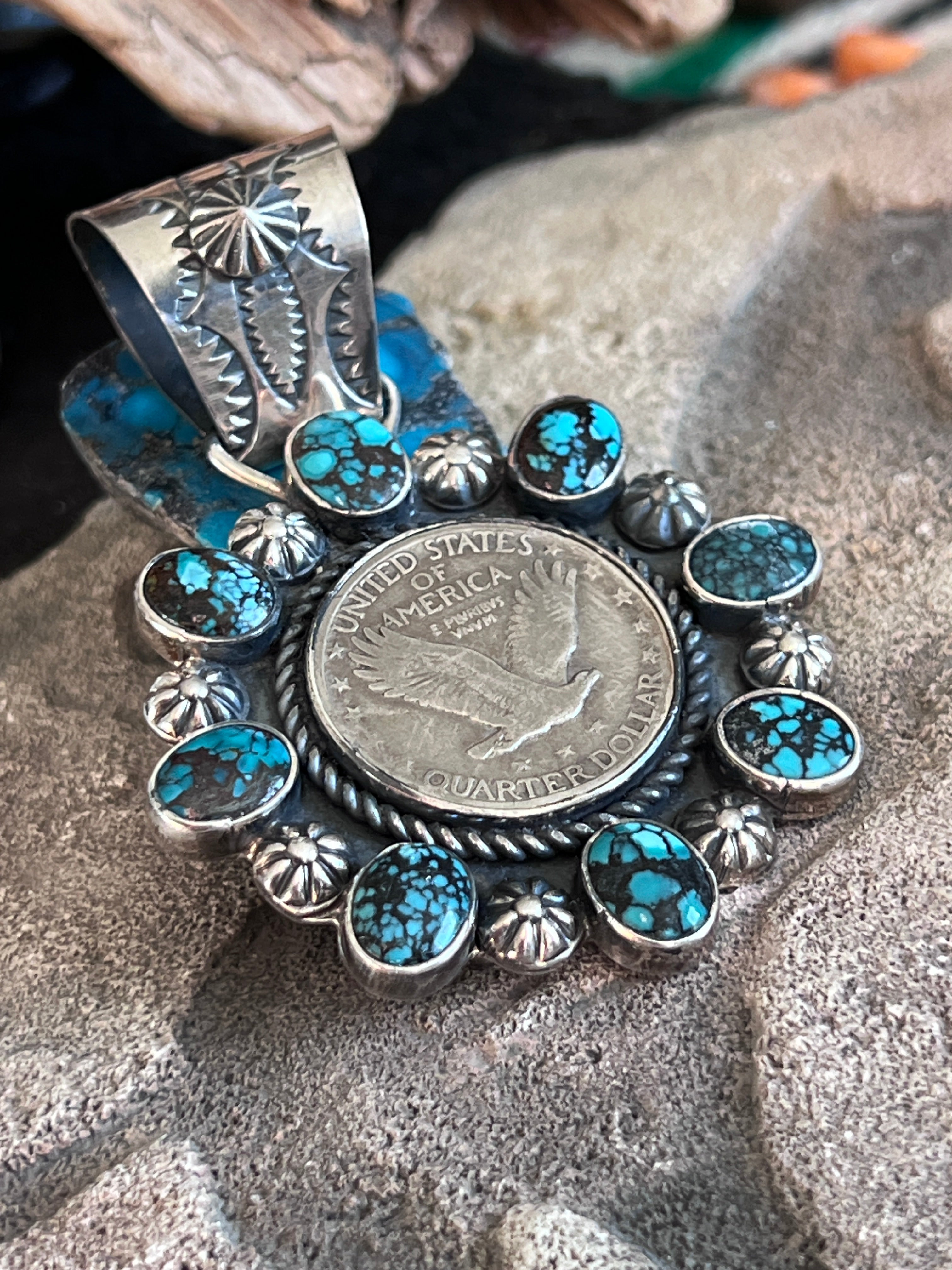 Rosella Paxson Sterling Silver, Liberty Quarter and Hubei Turquoise Cluster Pendant