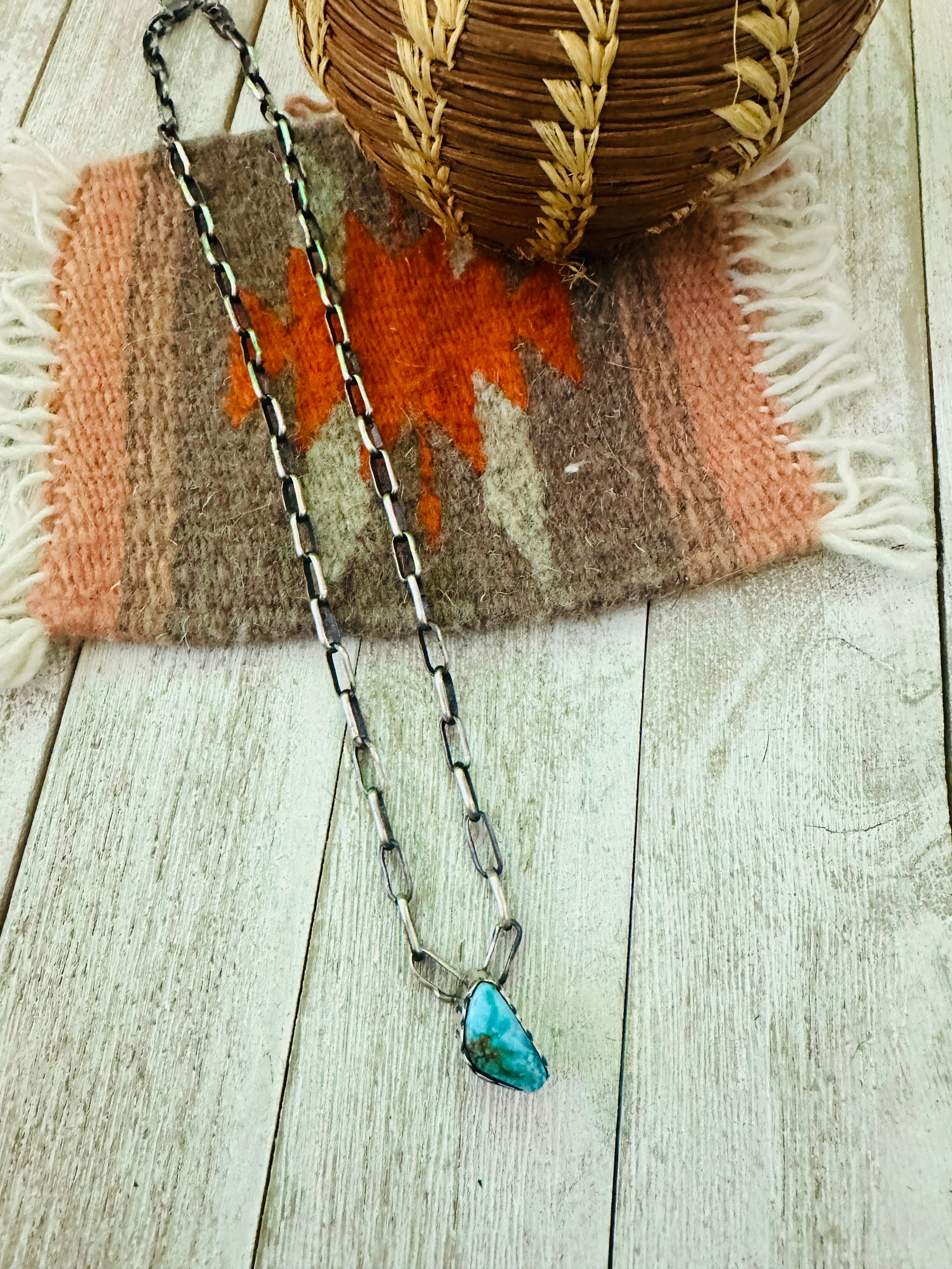 Handcrafted Turquoise & Sterling Silver Chain Necklace