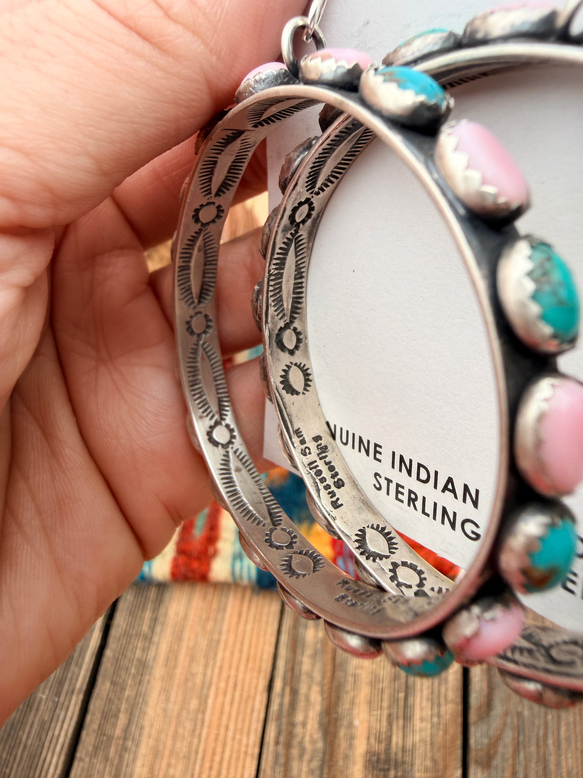 Handcrafted Turquoise, Queen Pink Conch & Sterling Silver Dangle Hoop Earrings by Russell Sam