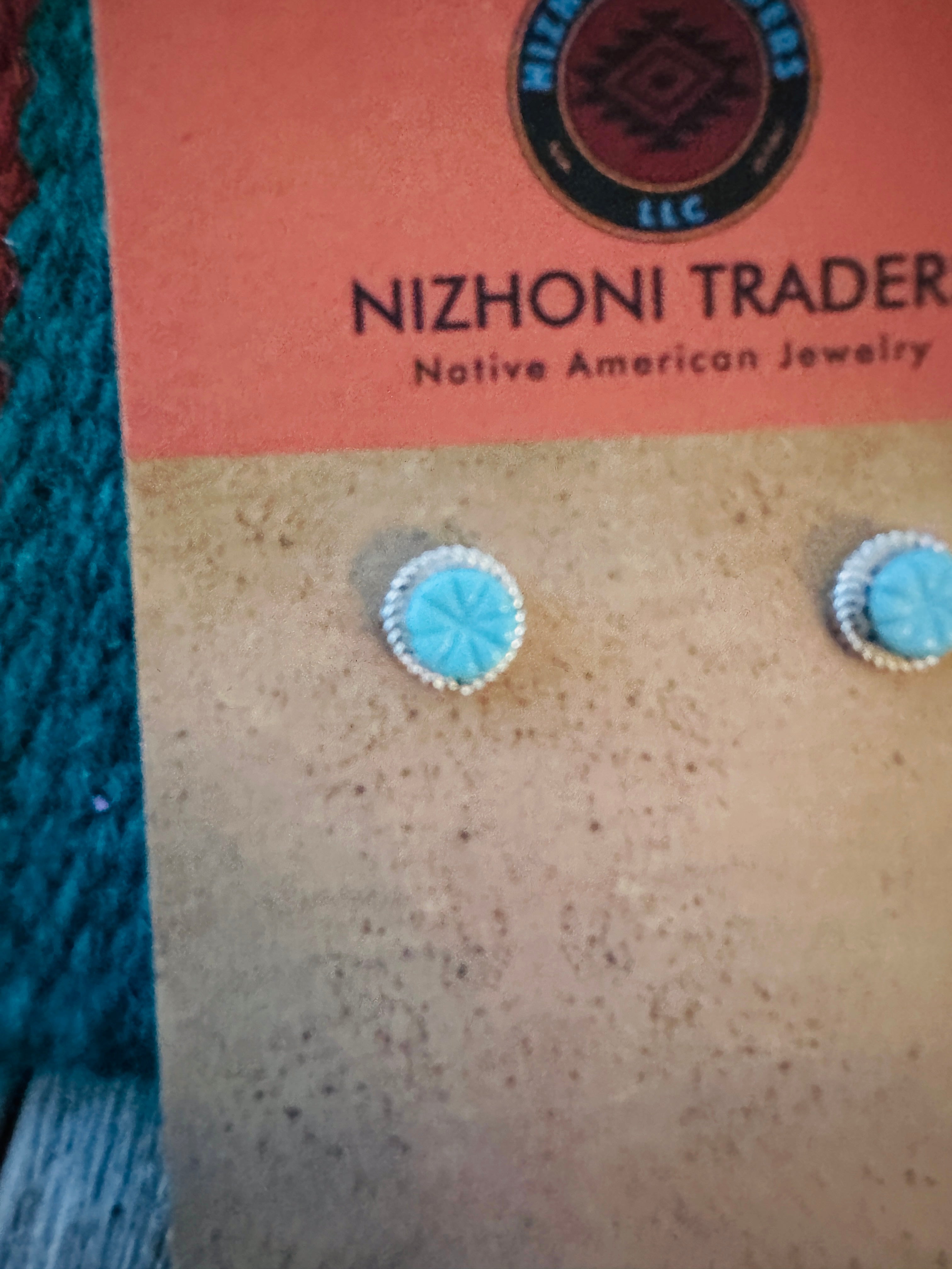 Handcrafted Carved Turquoise & Sterling Silver Stud Earrings